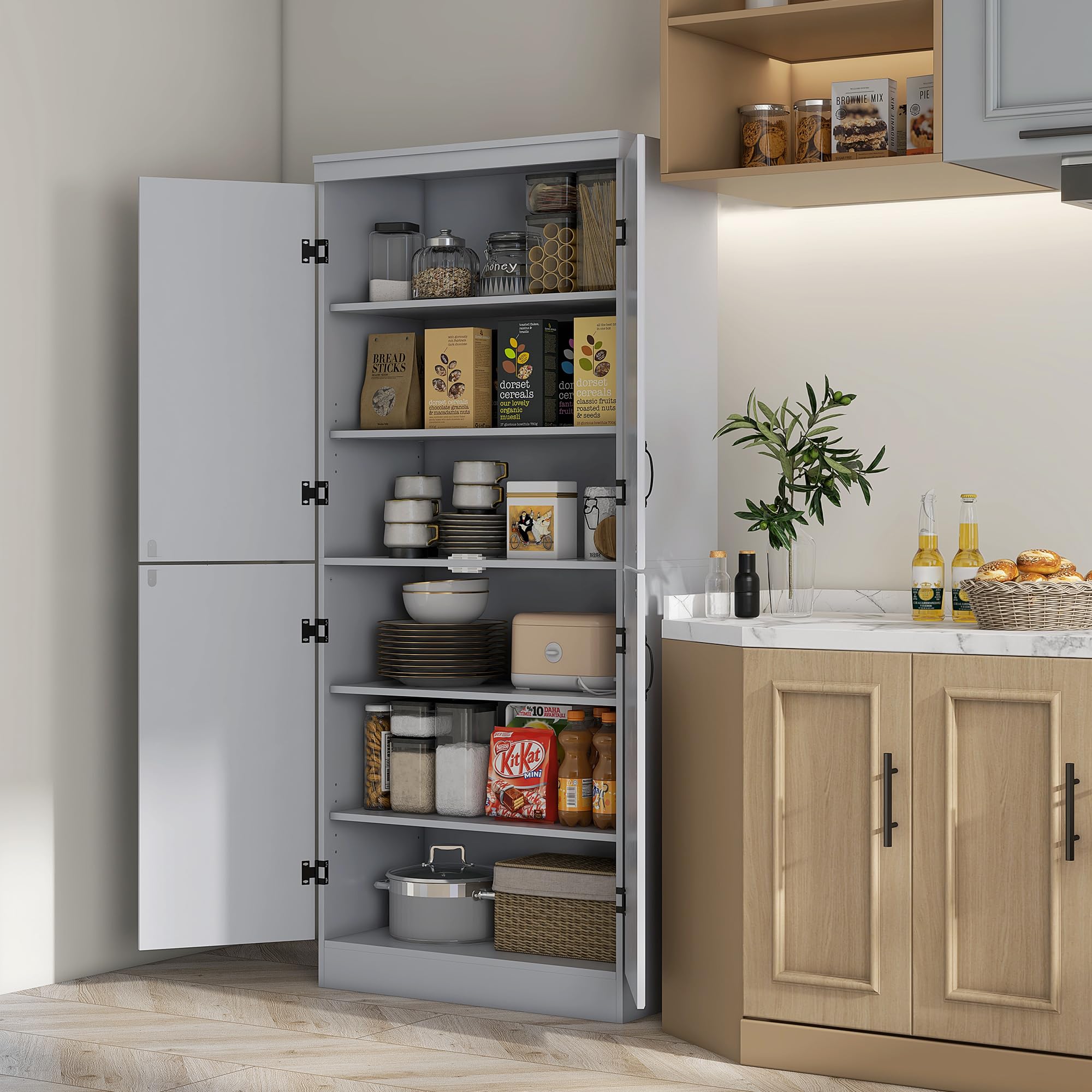 HOMCOM 70 Inch Freestanding Kitchen Pantry Cabinet with 4 Doors & 2 Adjustable Shelves, Large Storage Cabinet for Dining Room, Living Room, or Office - Modern Gray Finish | Perfect for Organizing Food, Dishes, and Household Items