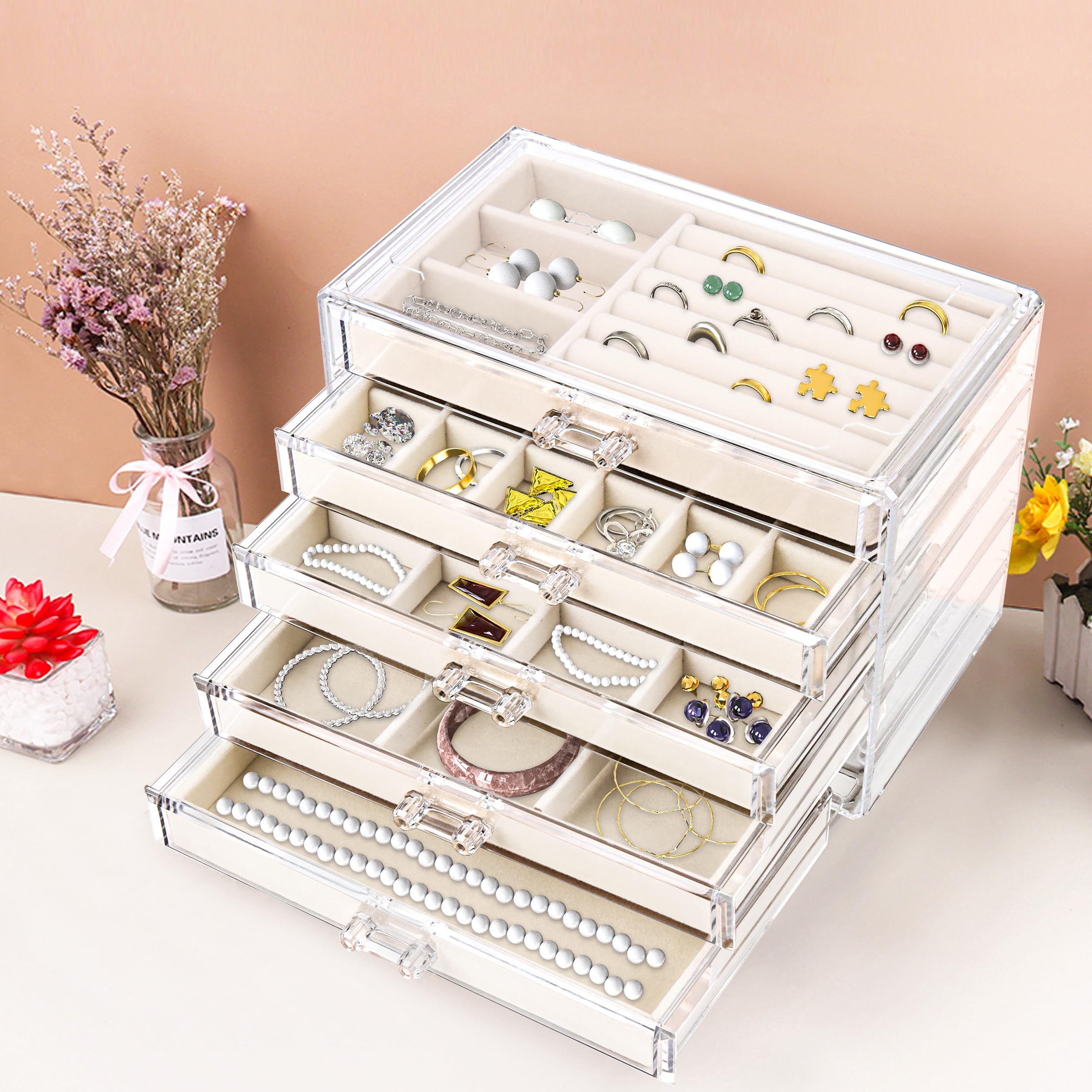 5-Drawer Acrylic Jewelry Organizer with Velvet Trays - Earring, Necklace & Ring Storage Display - Perfect Gift for Women (Beige) | Bedroom Vanity, Closet & Travel Jewelry Box