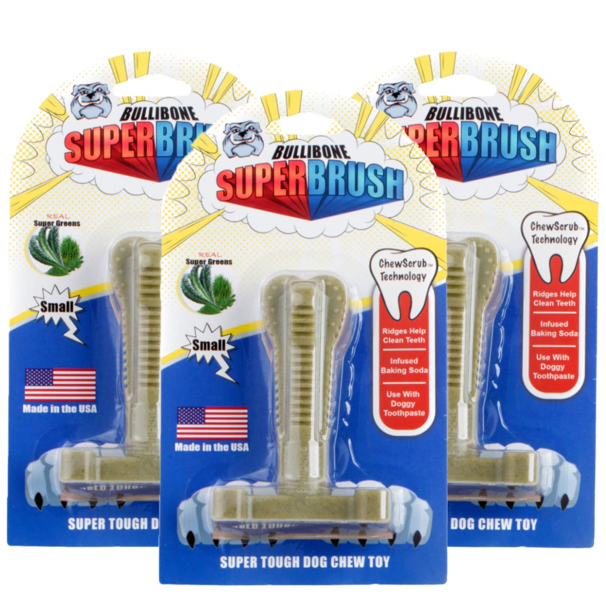 Bullibone SuperBrush: Long-Lasting Nylon Dog Toothbrush Chew Toy for Dental Health & Oral Care - Teeth Cleaning Stick with Super Greens for Puppies & Adult Dogs - Perfect for Daily Dental Hygiene & Playtime