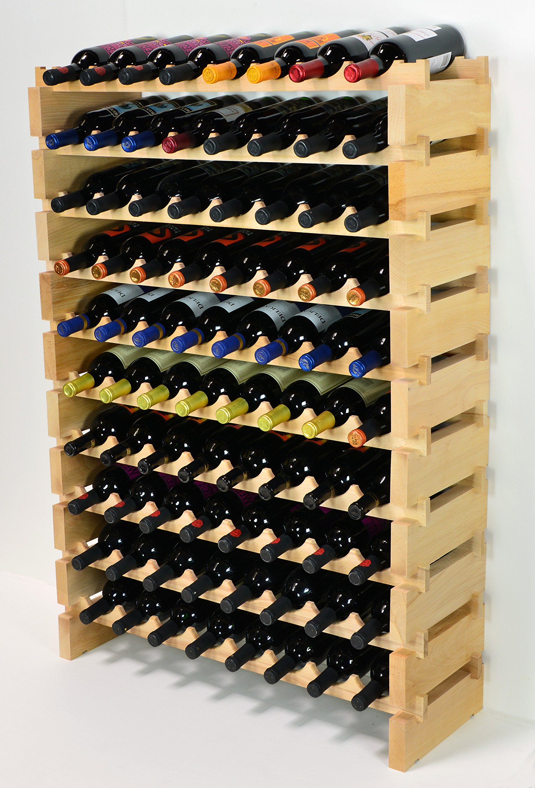 Premium Modular Beechwood Wine Rack - Holds 32-96 Bottles (8 Bottles Wide, 12 Rows) | Space-Saving Storage for Wine Cellars, Restaurants & Home Bars | Newest Improved Design (80-Bottle Capacity - 10 Rows)