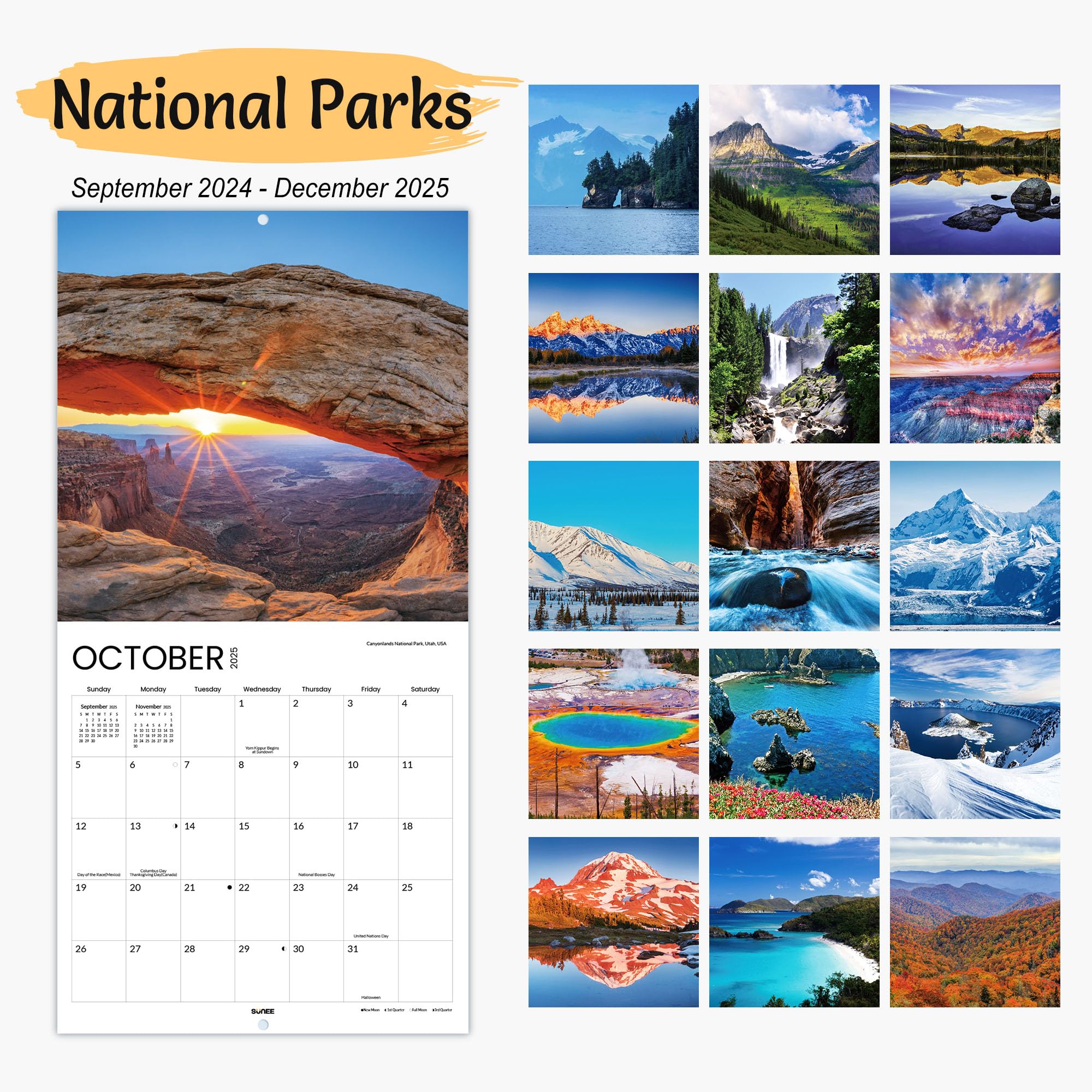 2025 National Parks Wall Calendar - 16 Months (September 2024-December 2025) | 12x12 Inch Large Hanging Calendar with Thick Glossy Paper | Perfect for Home, Office & Classroom Decor | SUNEE
