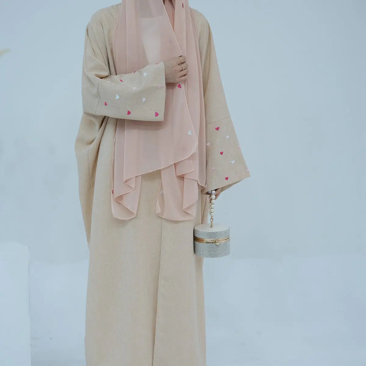 Elegant Heart Embroidery Cardigan Open Abaya Dress for Women - Boho Chic Muslim Fashion for Prayer, Home & Special Occasions