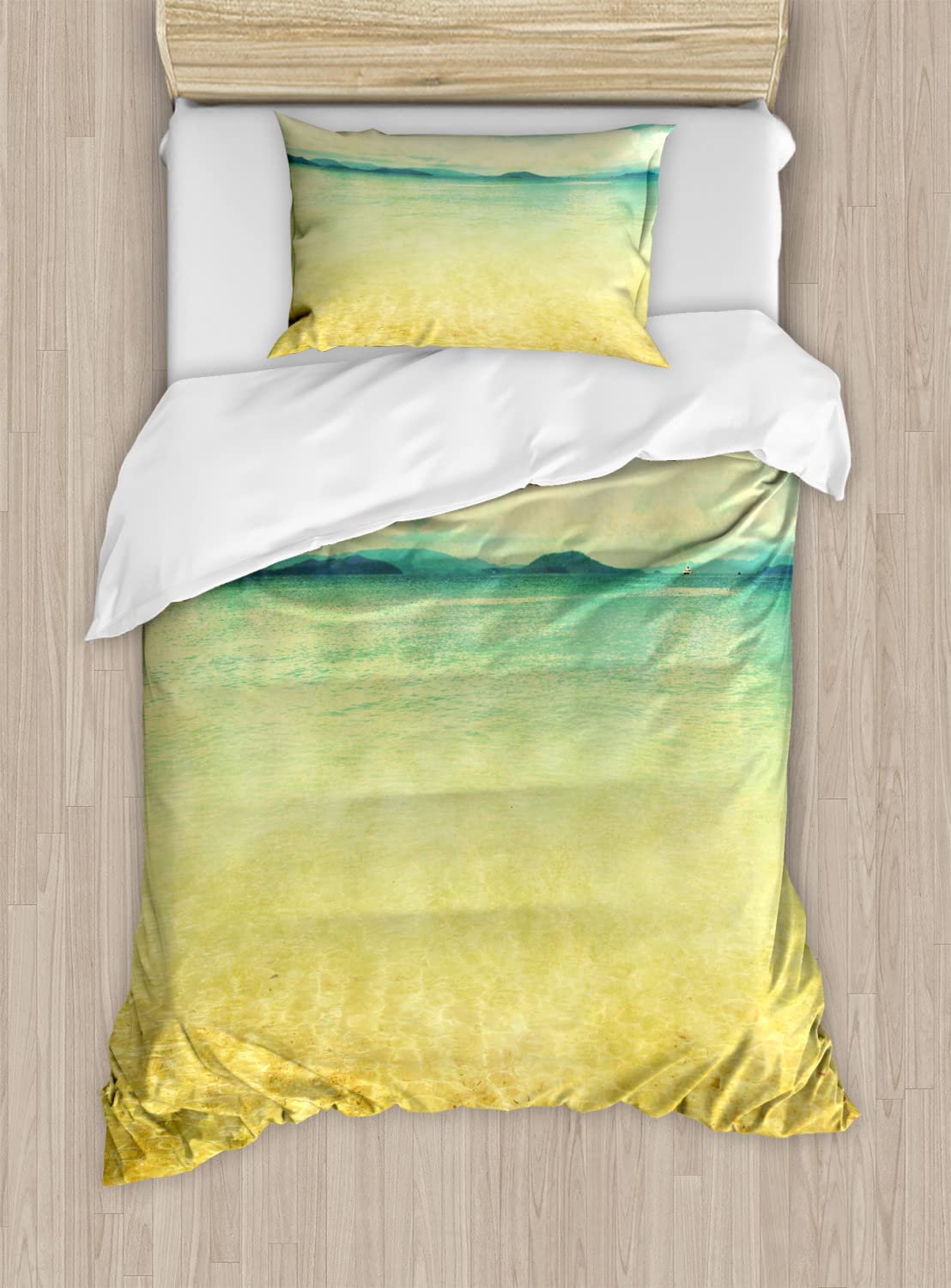 Ambesonne Beach Duvet Cover Set - Grunge Retro Style Ocean View with Cloudy Sky Design, 2-Piece Twin Size Bedding Set (Duvet Cover + Pillowcases) in Earth Yellow & Turquoise - Perfect for Summer Beach House Decor & Coastal Themed Bedrooms