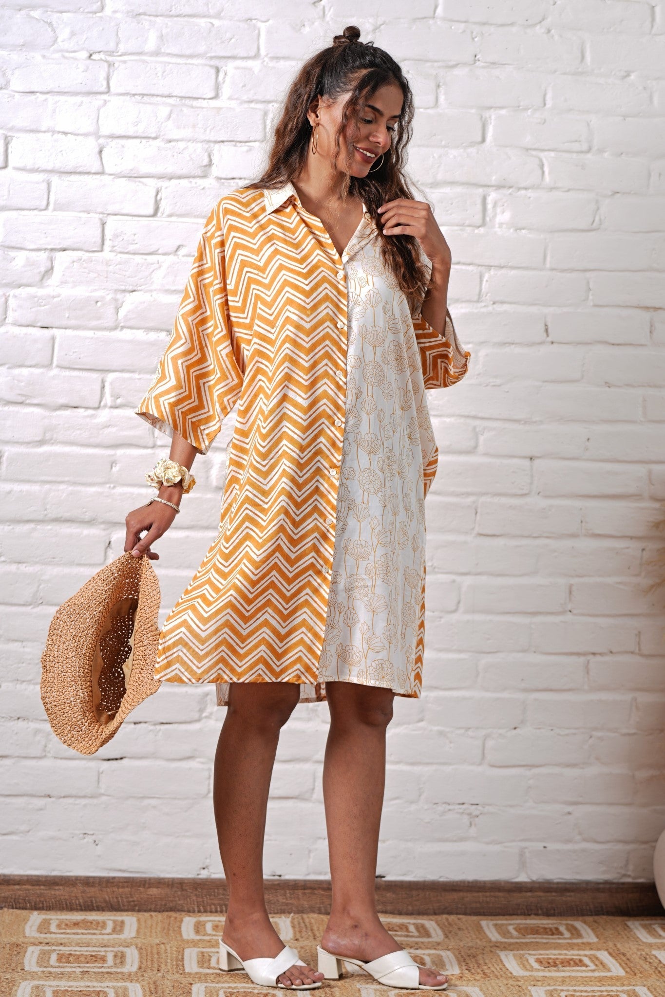 Jazzie Yellow Hand Block Printed Oversize Shirt for Women - Boho Chic Loose Fit Cotton Top for Casual Wear & Summer Outfits