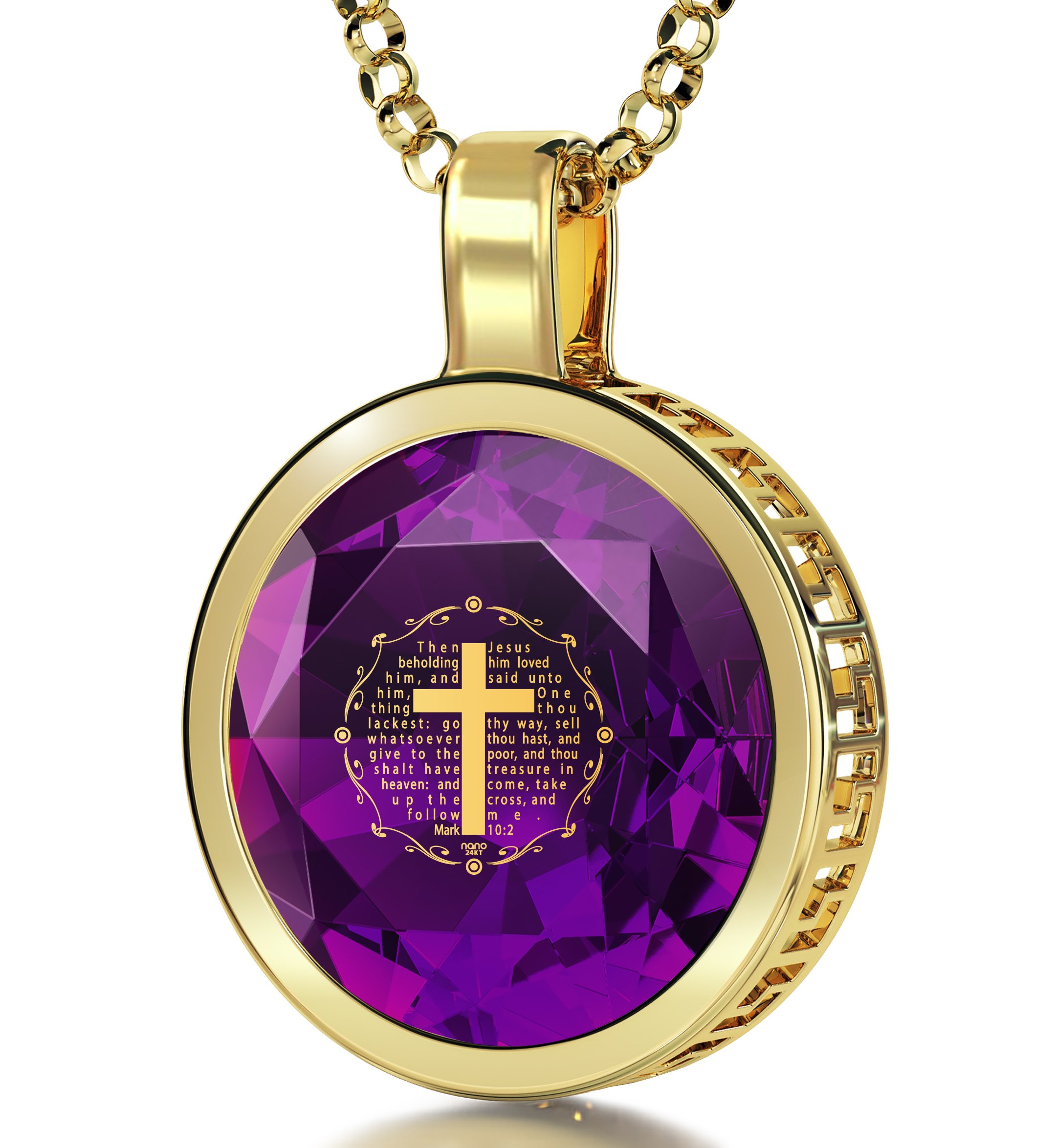 24K Gold Plated Cross Necklace with Mark 10:21 Engraved Christian Pendant - Cubic Zirconia Accent, 18