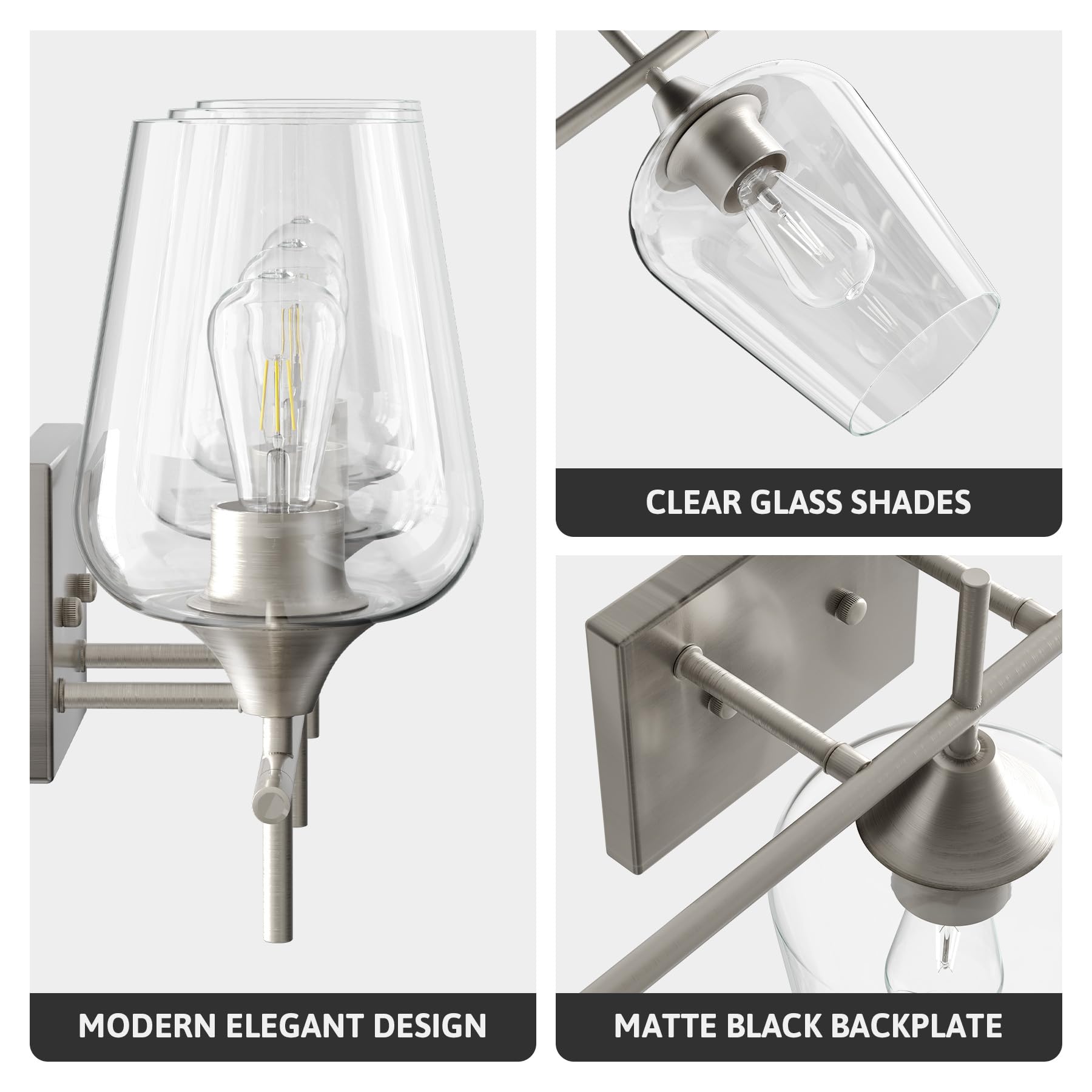 VONLUCE 3-Light Bathroom Vanity Light Fixture - Modern Brushed Nickel Wall Sconce with Clear Glass Shades for Mirror Lighting - Perfect for Bathroom, Bedroom, Hallway & Dressing Room Décor