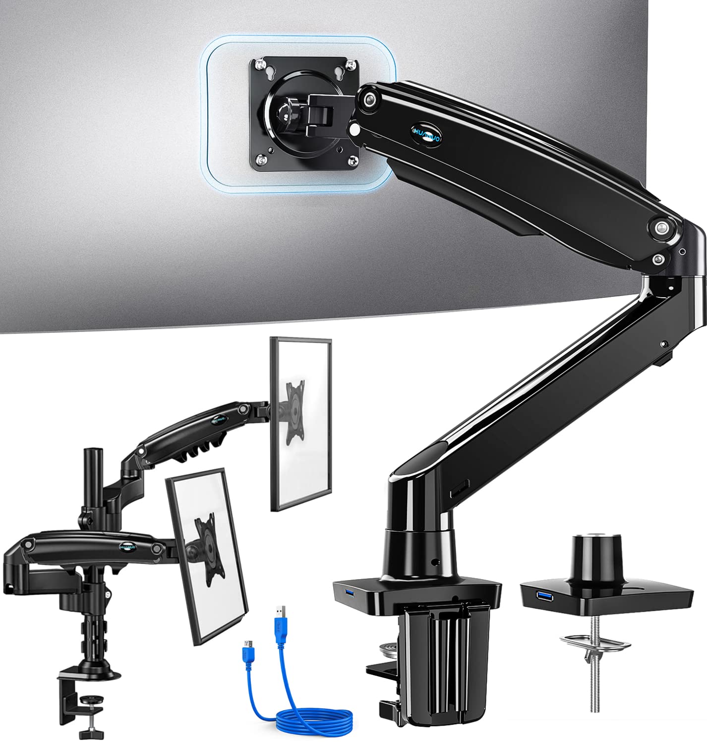 HUANUO Upgraded Single Monitor Arm & Dual Monitor Stand with Steel Reinforcement Plate - Adjustable Ergonomic Monitor Mount for Home Office, Gaming Setup, and Workspace Organization