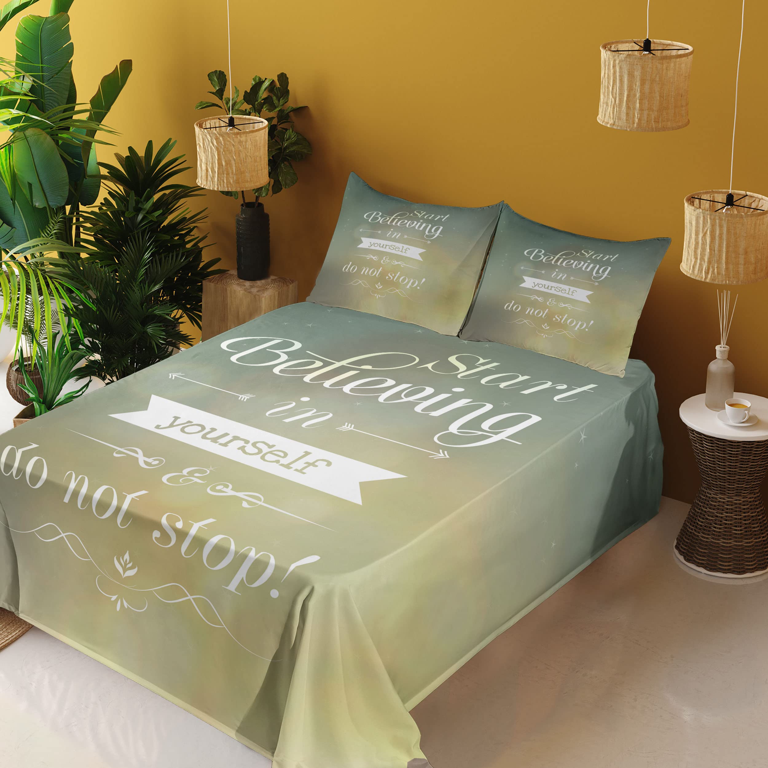 Ambesonne Motivational Sheet Set - 'Start Believing in Yourself' Typographic Design, 4-Piece King Size Bedding Set with Fitted Sheet, Flat Sheet & Pillowcases in Teal & Yellow - Perfect for Home Decor, Guest Rooms & Inspirational Bedroom Makeovers
