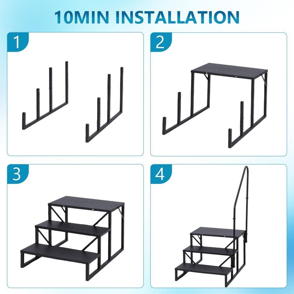 RV 3-Step Stairs with Handrail | Heavy Duty Metal Hot Tub Steps | Portable Stairs for RV & Mobile Homes | Indoor/Outdoor Pool Access Steps for Safe Entry & Exit