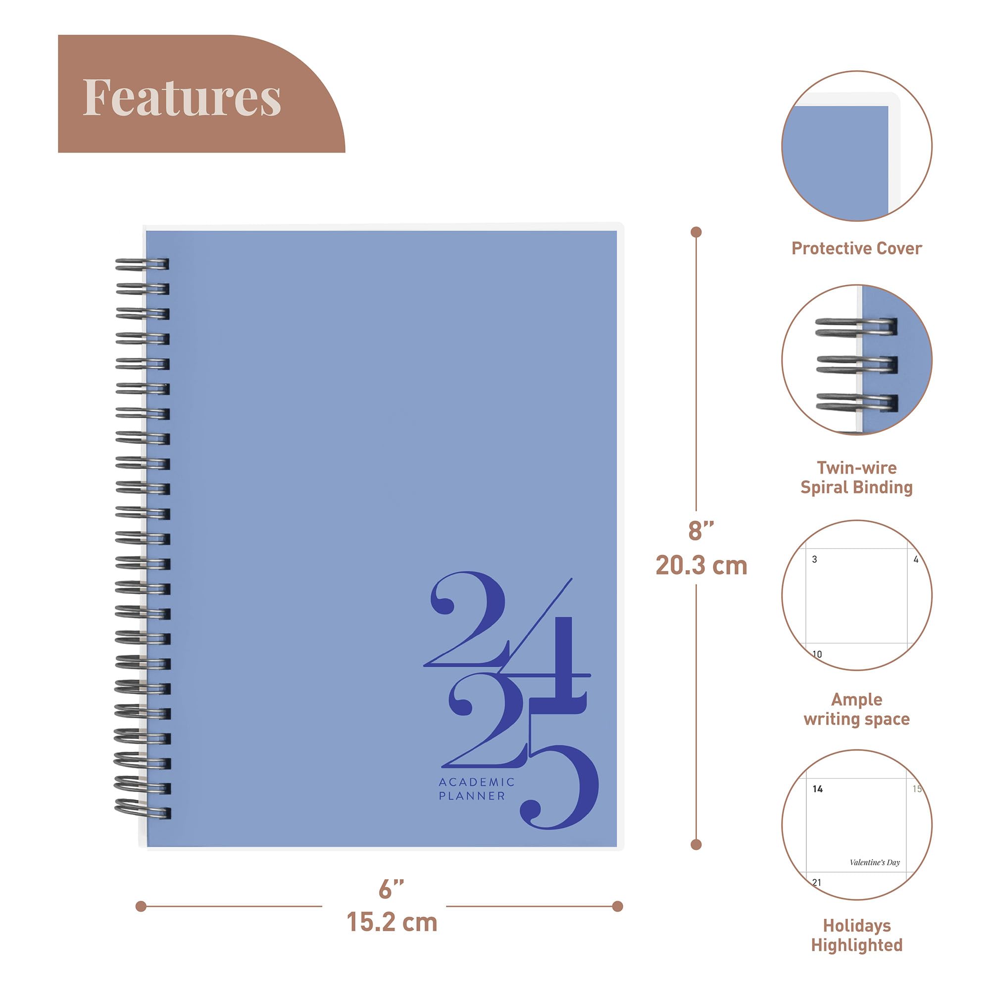 Riley's 2024-2025 Academic Planner - 18-Month Weekly & Monthly Organizer with Durable Cover, Notes Pages, Twin-Wire Binding (8x6 Inch, Blue) - Perfect for Students, Professionals & Goal Tracking