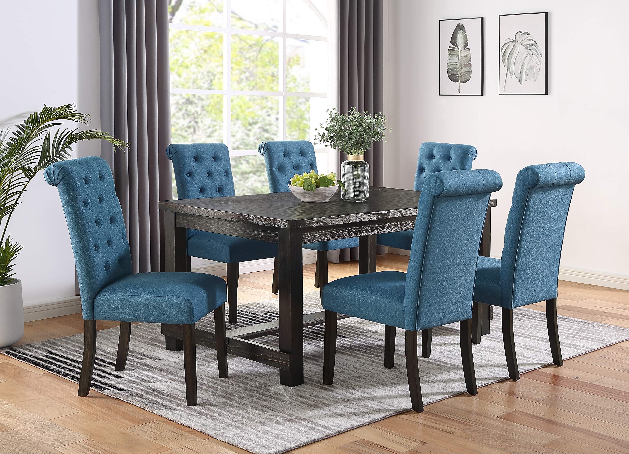 Roundhill Furniture Leviton Wood Dining Set - 6-Piece Blue Wooden Table & Chairs for Kitchen, Dining Room | Rustic Farmhouse Style Home Decor
