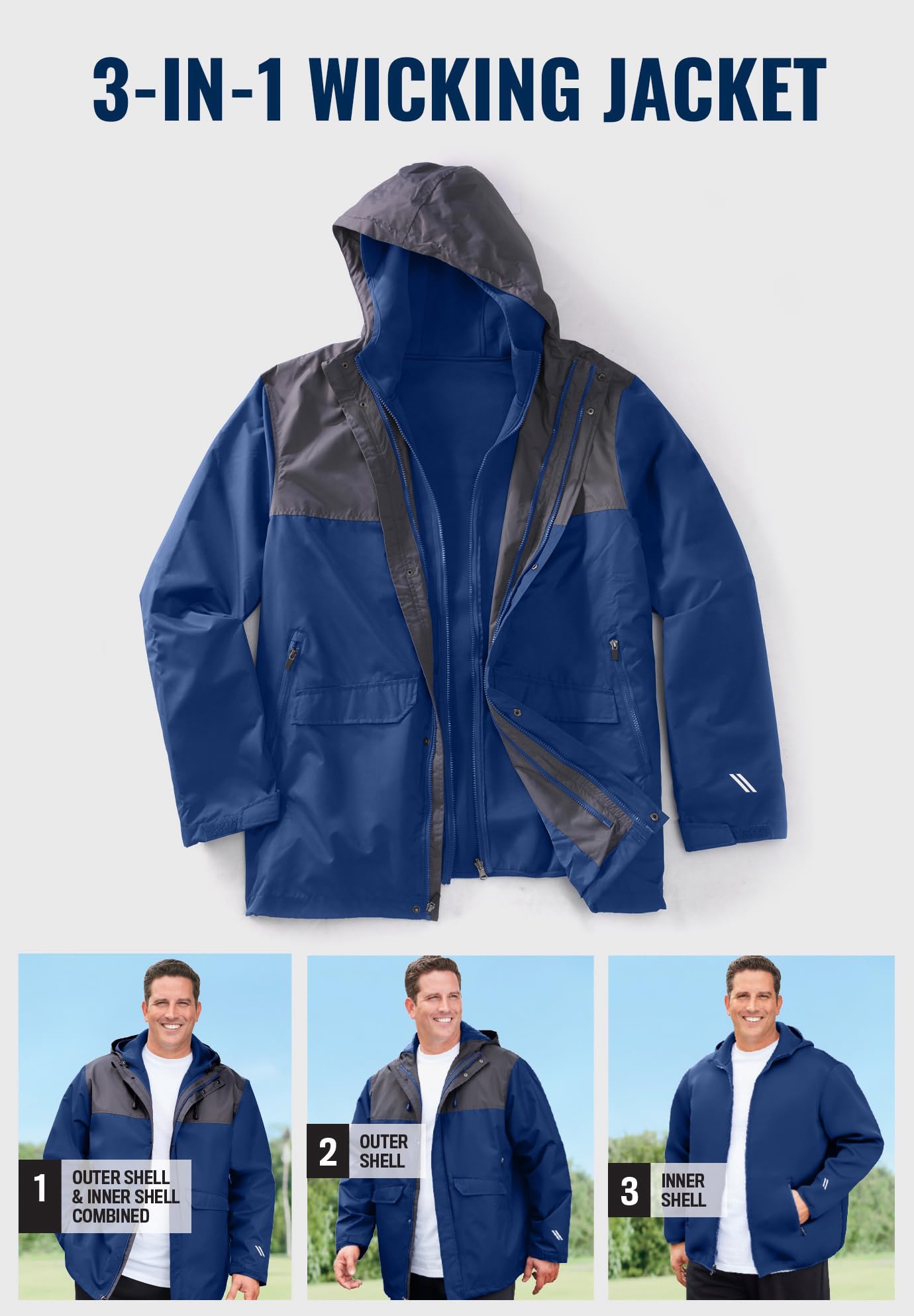 KingSize Men's Big & Tall 3-in-1 Trident Jacket - Waterproof Winter Coat with Removable Hood for Hiking, Camping & Outdoor Activities