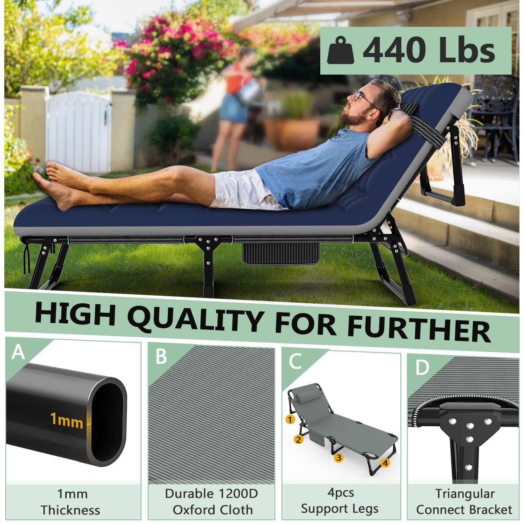 3-in-1 Folding Camping Cot Bed with Storage Bag - Adjustable 5-Position Patio Chaise Lounge & Portable Sleeping Cot for Adults - Perfect for Bedroom, Poolside, Patio & Outdoor Adventures (Gray/Blue Striped Design)