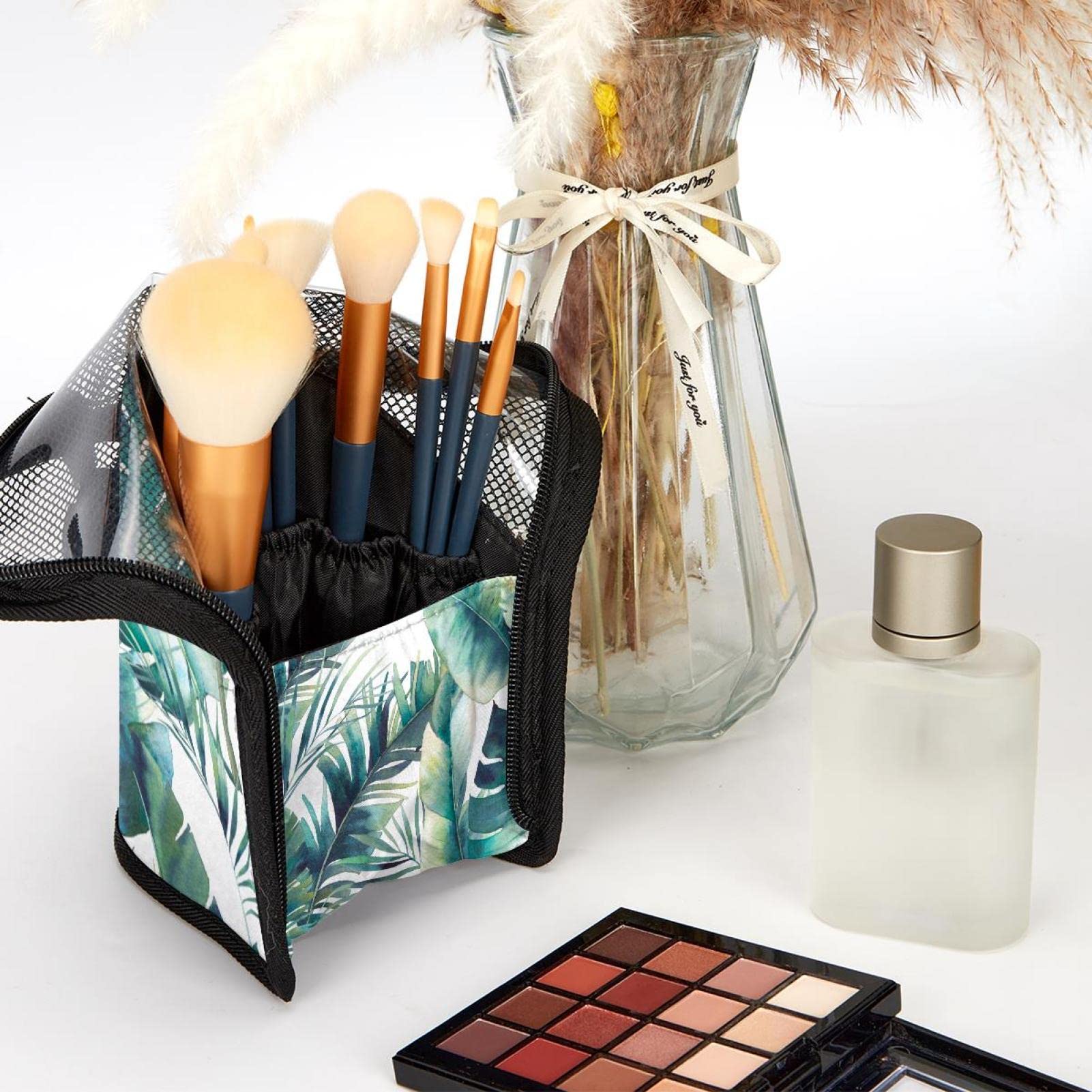 Premium Makeup Brush Organizer Bag with 12 Slots - Portable Travel Cosmetic Brush Holder Case (Palm Leaf Tropical Design) - Perfect for Home Storage & On-the-Go Makeup Artists