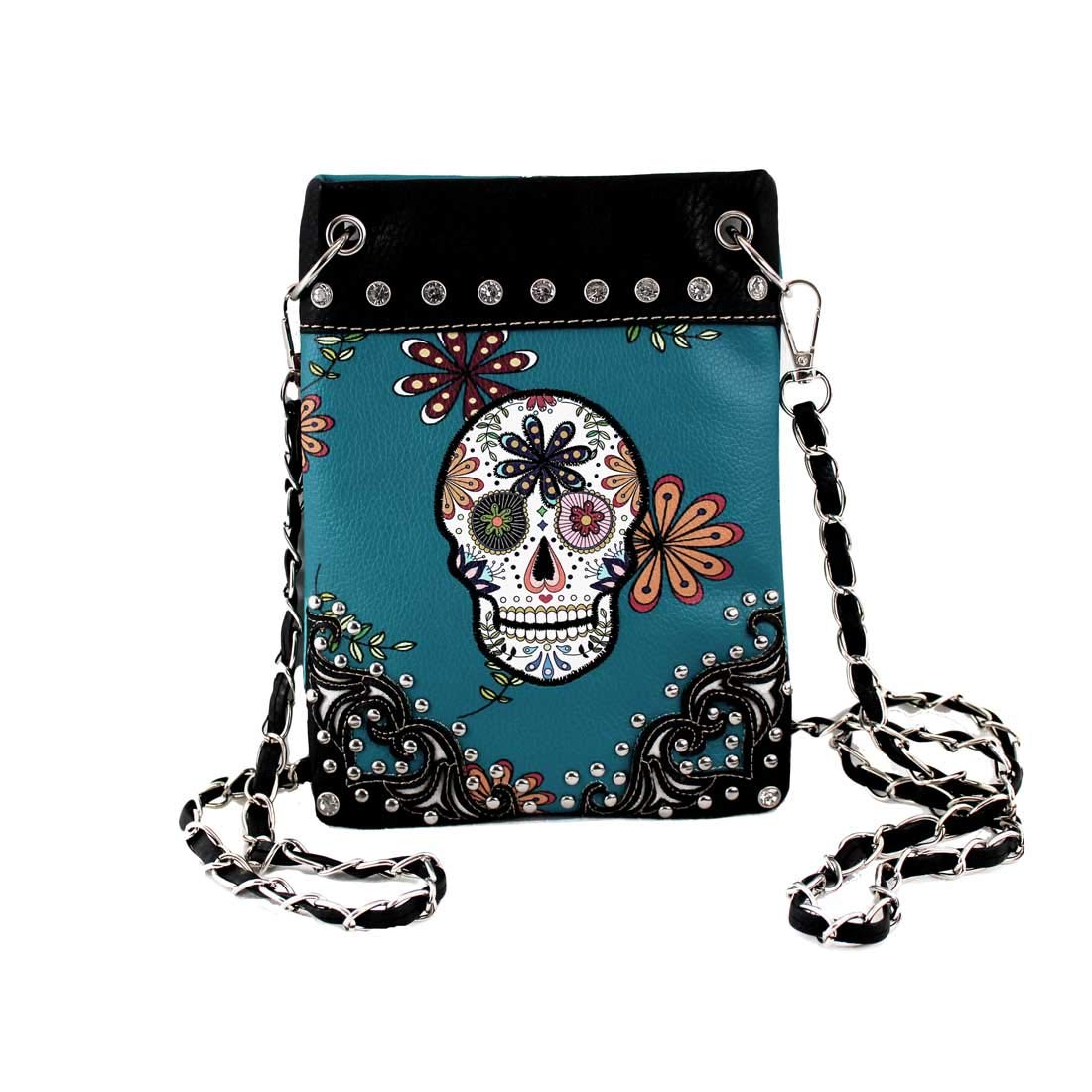 Stylish Turquoise Day of the Dead Crossbody Purse with Rhinestones - Perfect for Halloween Parties, Mexican Fiesta, and Cocktail Events