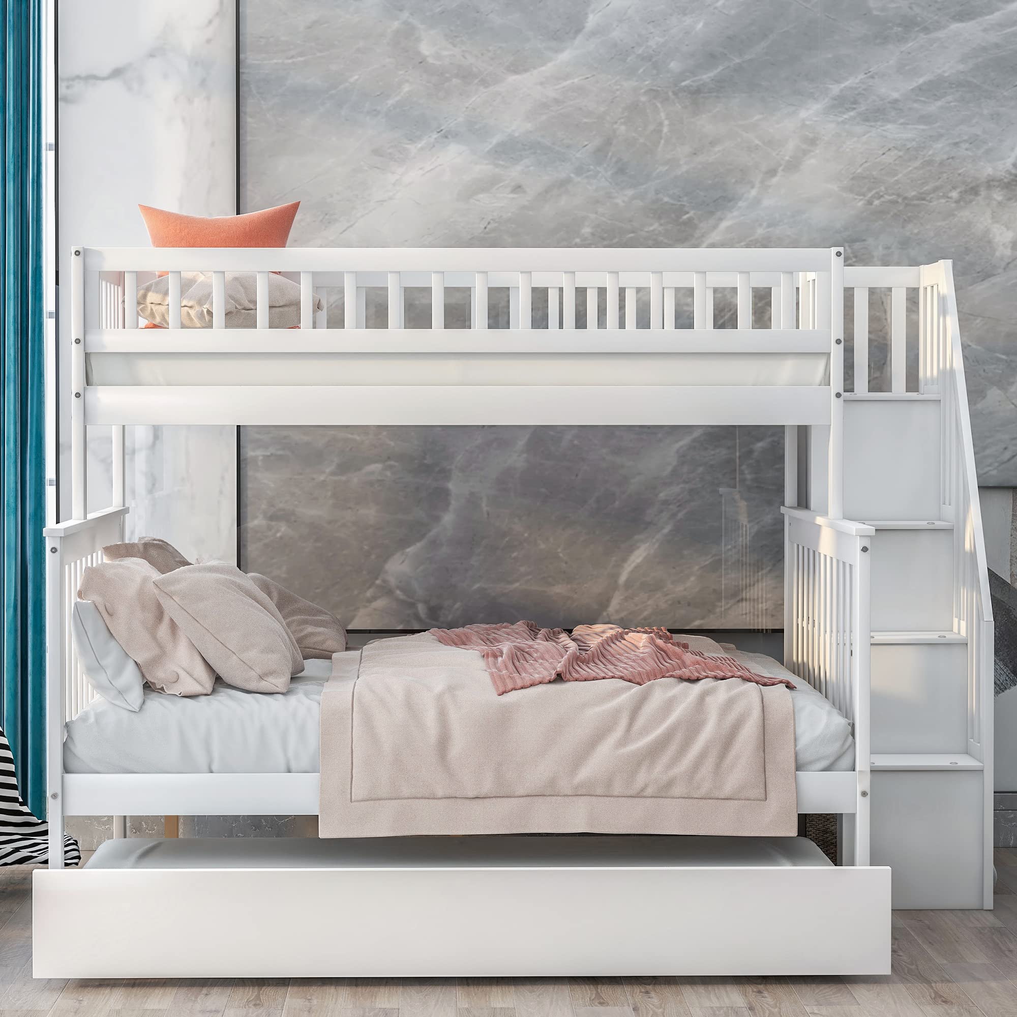 Merax Twin-Over-Full Stairway Bunk Bed for Kids - Solid Wood Loft Bed with Storage Drawer & Trundle - Space Saving Kids Bedroom Furniture for Small Rooms - Perfect for Siblings Sharing or Sleepovers (White)