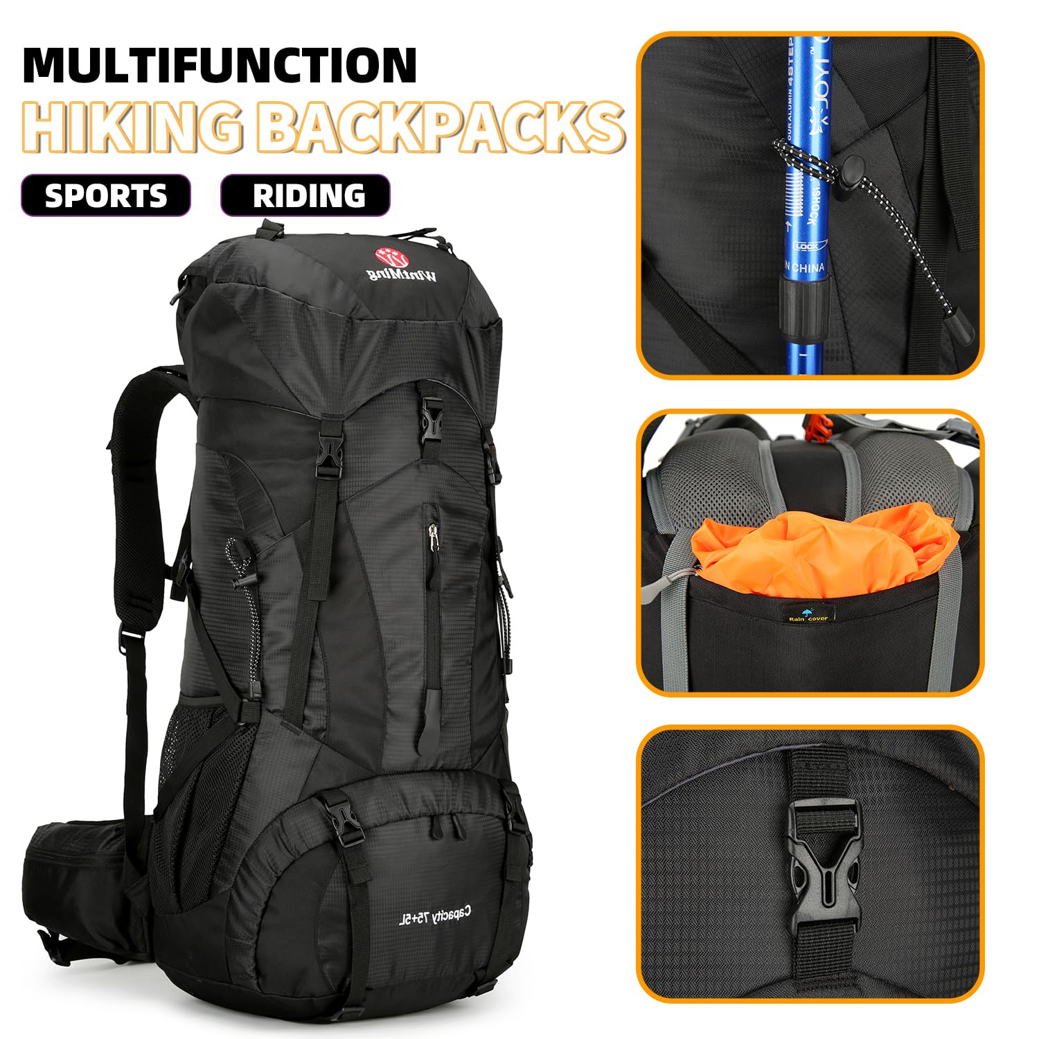 75L Waterproof Hiking Backpack for Men & Women - Lightweight Daypack for Outdoor Camping, Trekking & Travel with Rain Cover (Black) - Perfect for Backpacking, Mountain Climbing & Adventure Trips