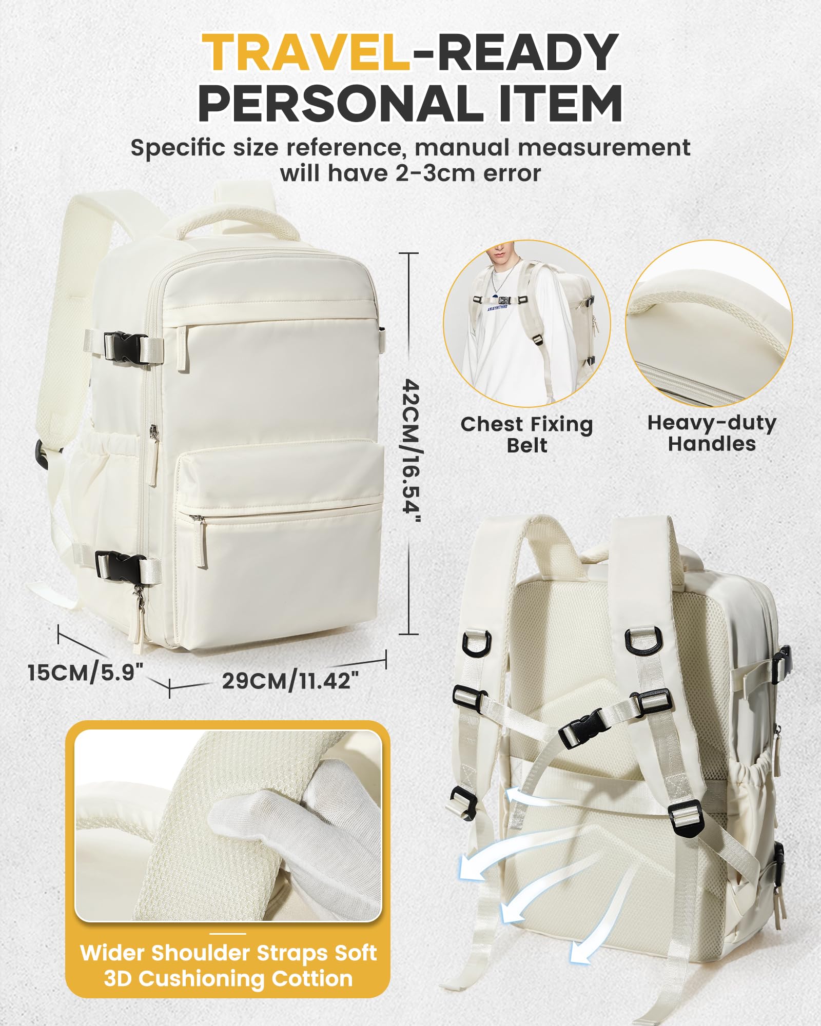 BOXSAM Large Vacuum Travel Backpack with Pump - 18x14x8 Inch Flight Approved Carry-On Backpack for Women & Men, Waterproof Laptop Daypack with Compression Bags - Perfect for Air Travel, Work Commute & Casual Outings (Beige)