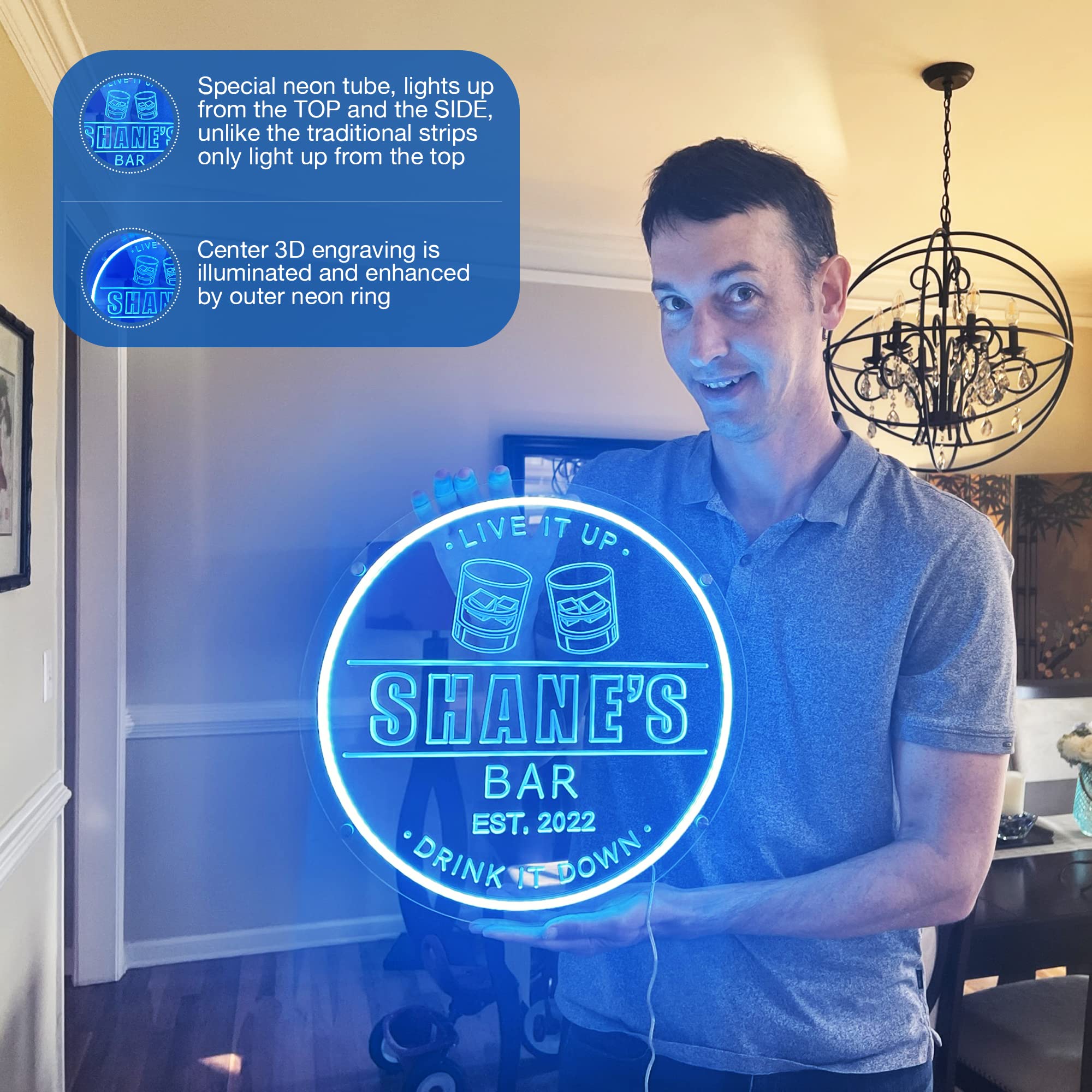 Custom LED Neon Bar Signs - Personalized Home Bar Decor with Whiskey Glasses Gift Set for Men | Bourbon Wall Art & Liquor Shelf Lighting | Perfect for Man Cave, Game Room & Pub Decor
