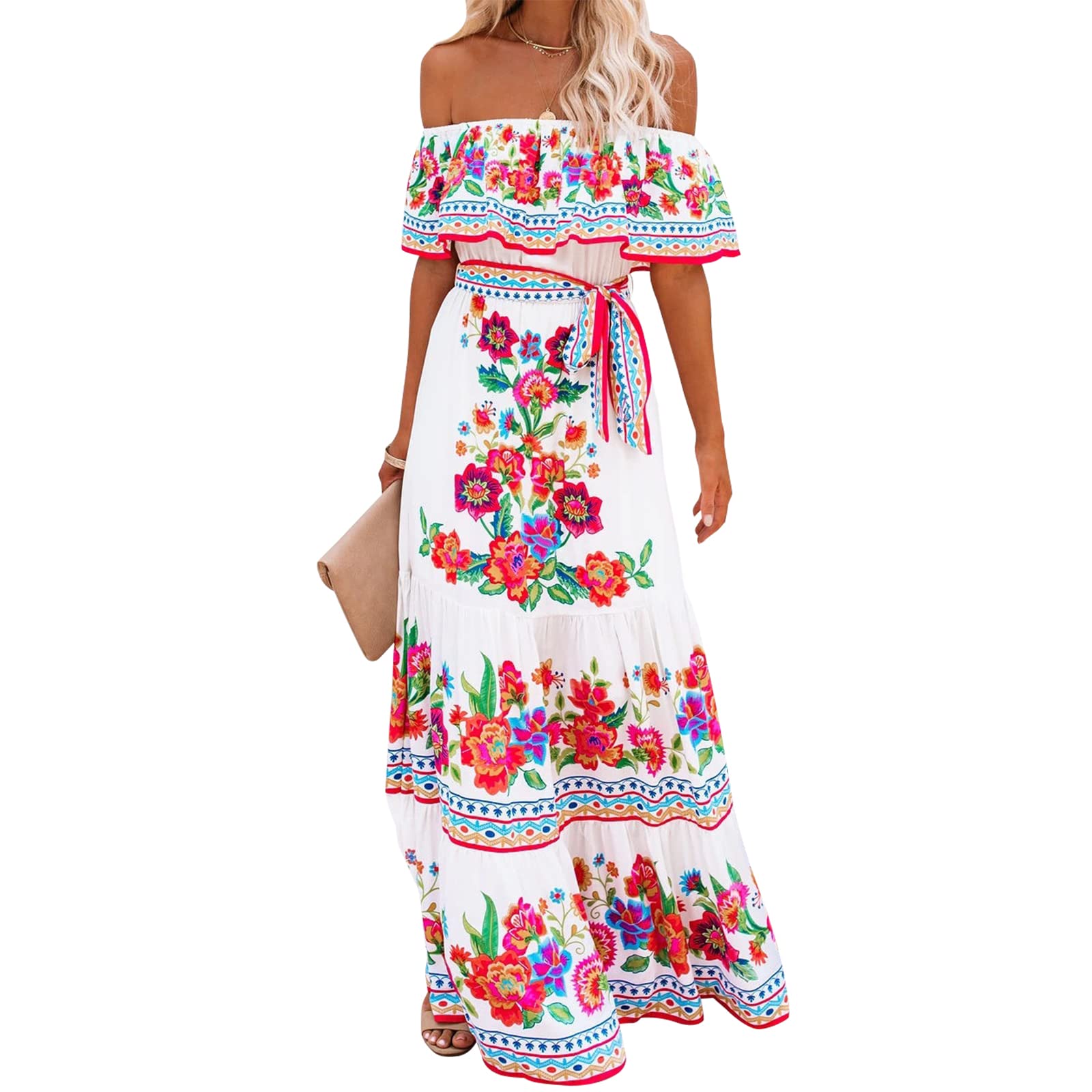 ACOSAP Women's Floral Print Off Shoulder Sleeveless Maxi Dress - Mexican Summer Beach Dress for Vacation, Party & Boho Fashion