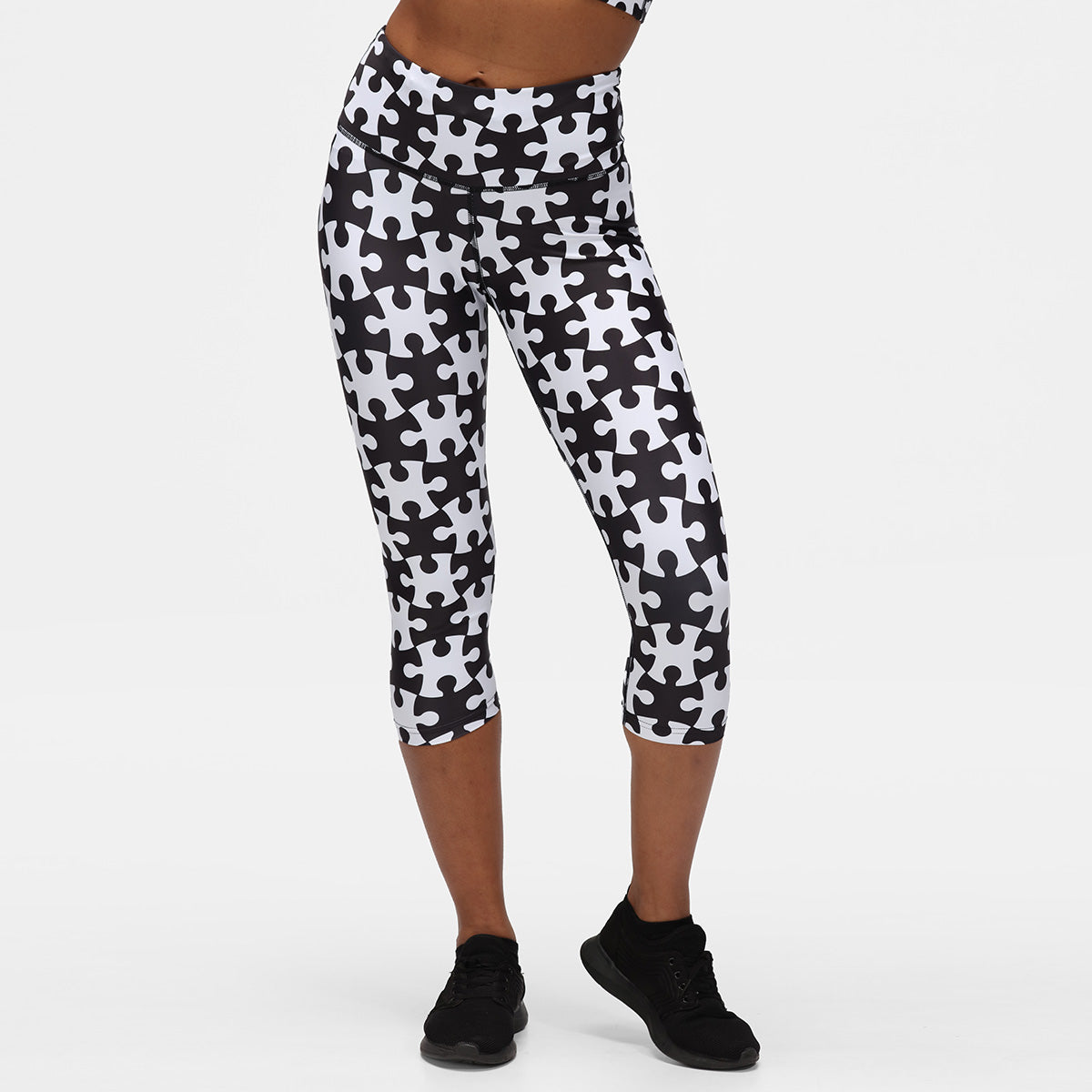 Monochrome Jigsaw Capri Pants - High Waisted Stretchy Yoga Pants for Women - Perfect for Yoga, Workouts & Casual Wear