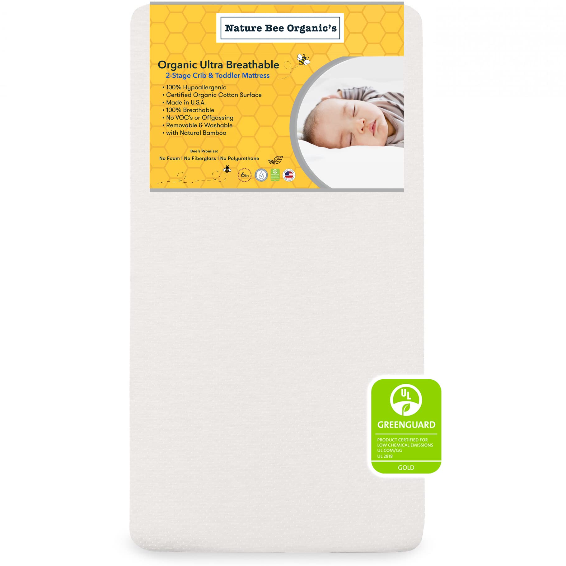 Nature Bee Organic 2-Stage Ultra Breathable Premium Crib & Toddler Mattress - 100% Hypoallergenic, GreenGuard Gold Certified, 6