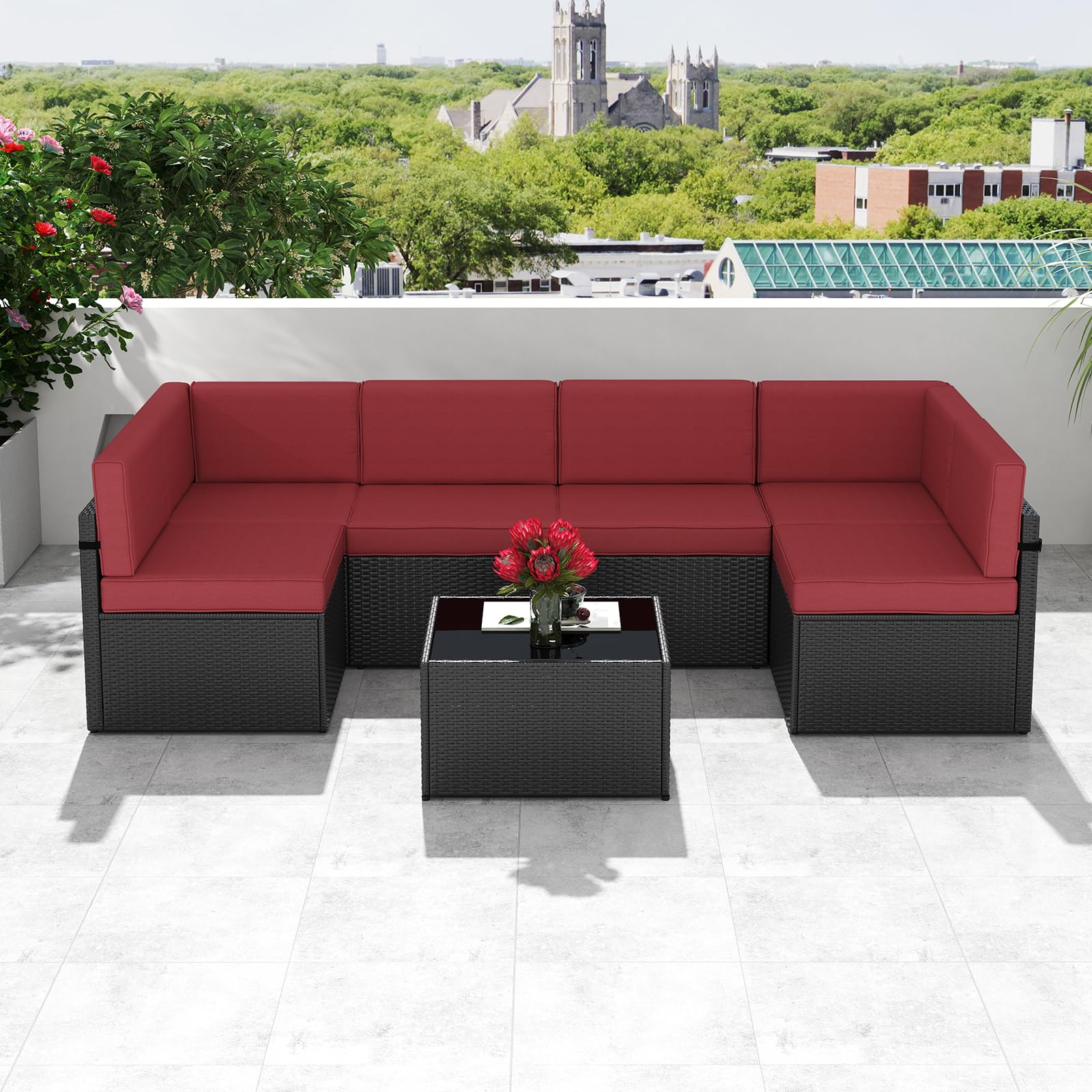 JSUN7 7-Piece Outdoor Patio Furniture Set - PE Rattan Wicker Sofa with Washable Cushions & Glass Coffee Table in Wine Red - Perfect for Garden, Backyard, and Poolside Relaxation