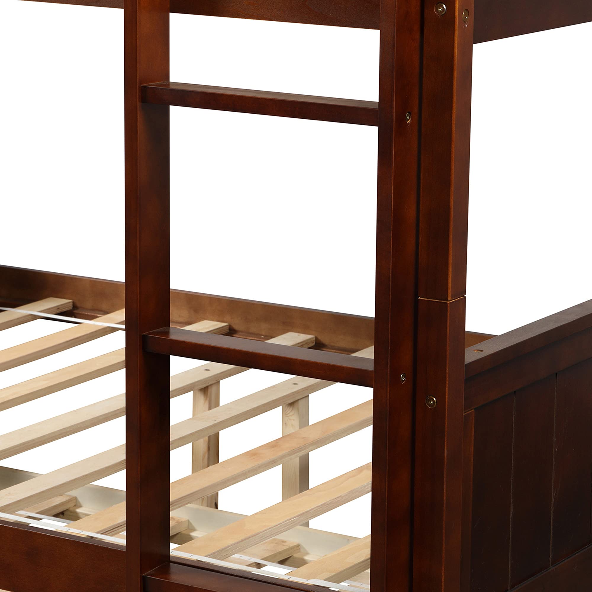 P PURLOVE Full Over Full Bunk Bed with Twin Trundle - Solid Wood Bunk Bed Frame with Safety Rail & Ladder - Space-Saving Bunk Beds for Teens & Kids - No Box Spring Needed (Walnut) - Perfect for Small Bedrooms, Guest Rooms & Vacation Homes
