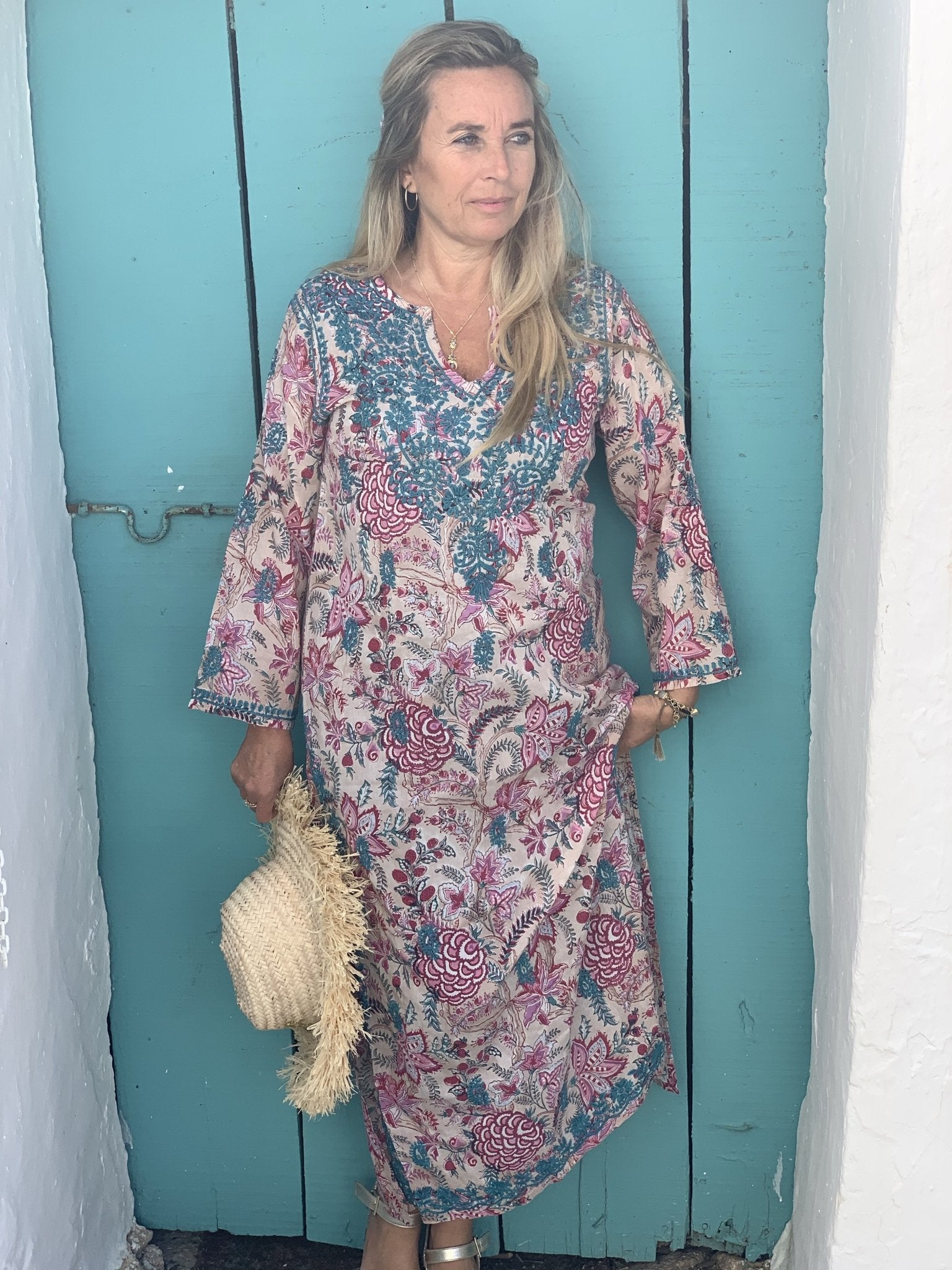 Handmade Turquoise Maxi Kurta - 100% Muslin Cotton with Traditional Block Printing - Perfect for Festivals, Weddings & Boho Fashion