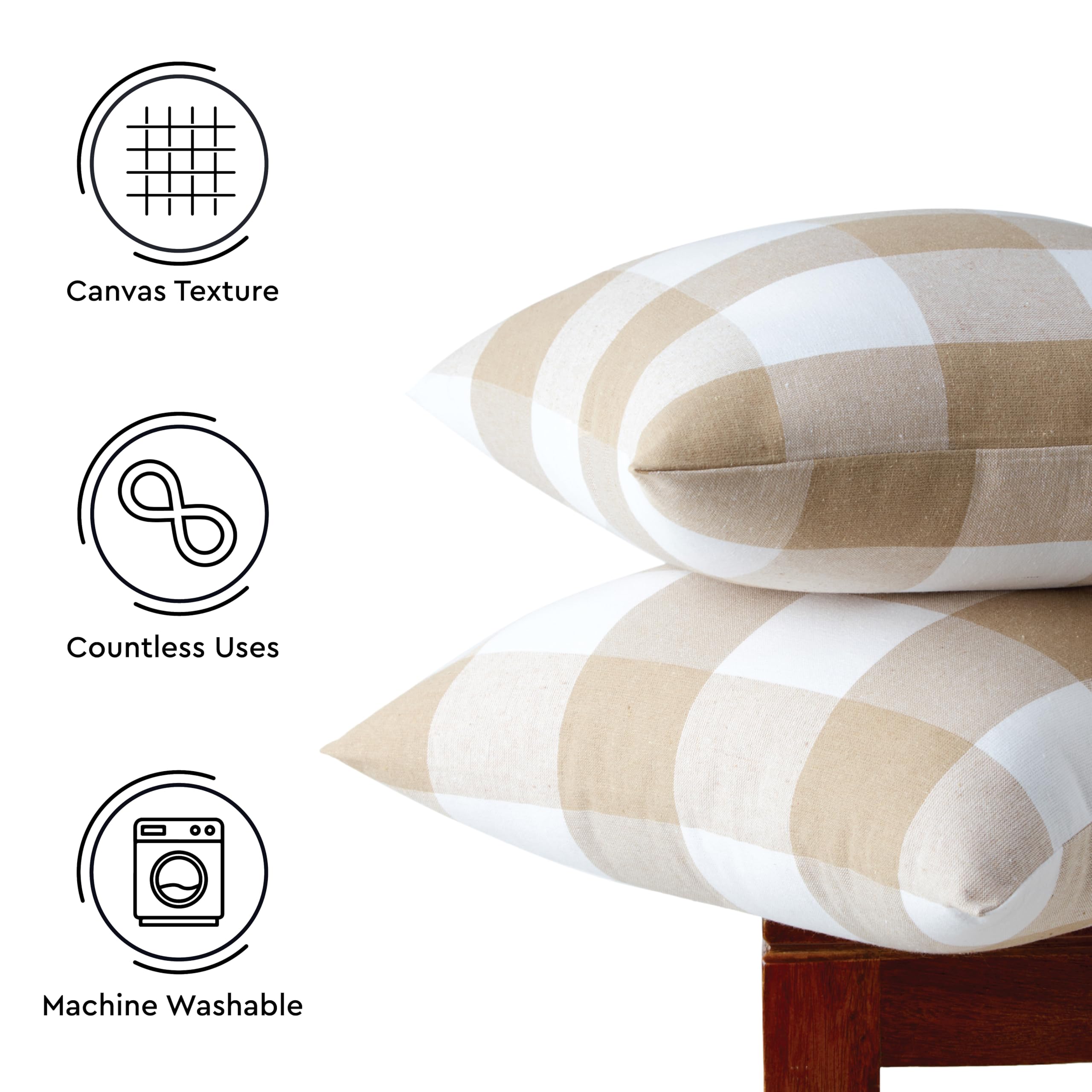 Encasa XO Farmhouse Throw Pillow Covers Set of 2 - 18x18 Inch Buffalo Beige Checkered & Striped Decorative Cushion Covers (No Inserts) for Living Room, Sofa, Couch, Bedroom - Cozy Home Decor Accent