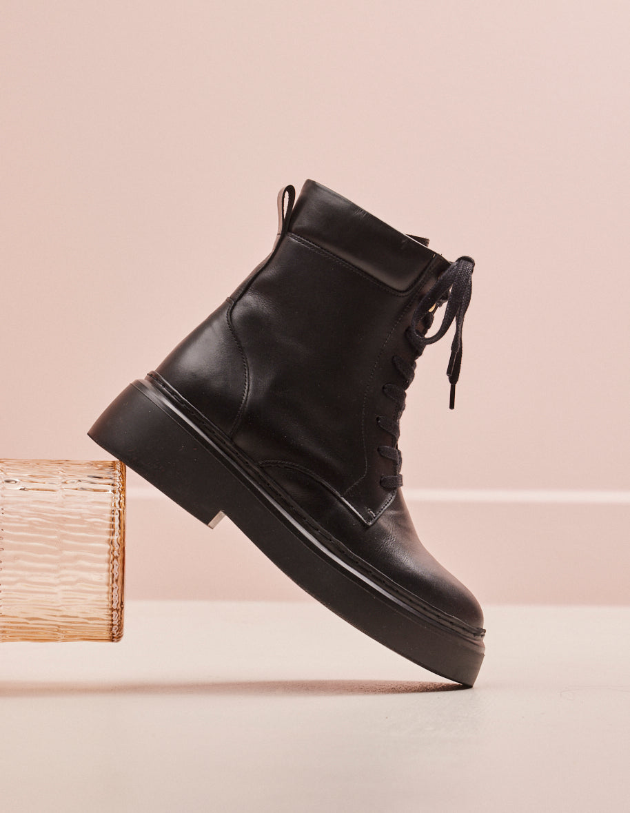 Océane Black Leather Lace-Up Boots - Stylish & Comfortable Footwear for Women | Perfect for Casual Outings, Office Wear & Evening Events