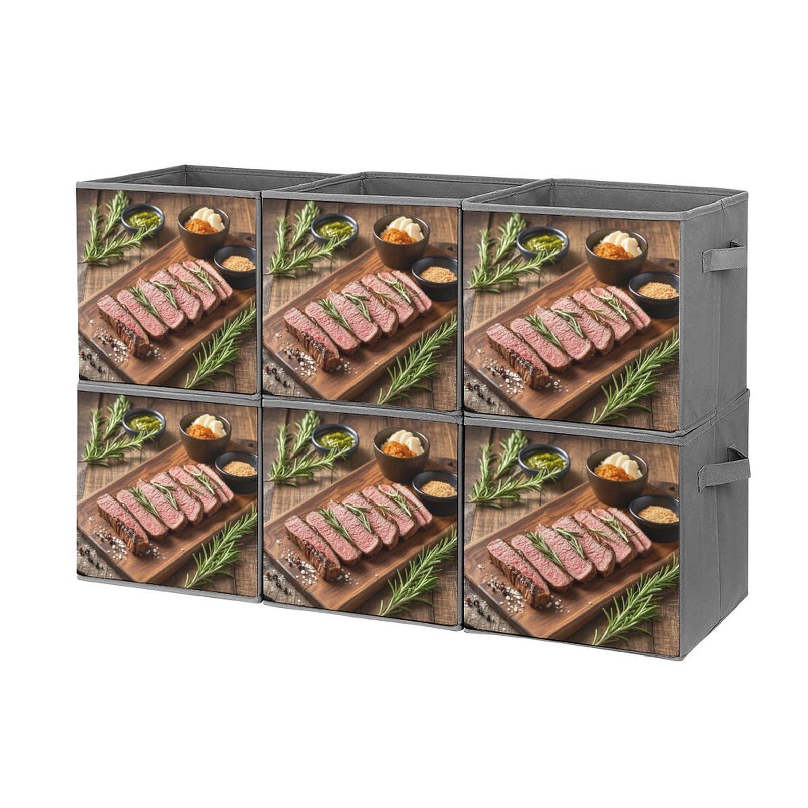 6-Pack Foldable Storage Bins with Handles - Large Capacity Rosemary & Steak Print Fabric Storage Boxes for Home, Office, Playroom Organization | Perfect for Toys, Books, Clothes & Household Items Storage
