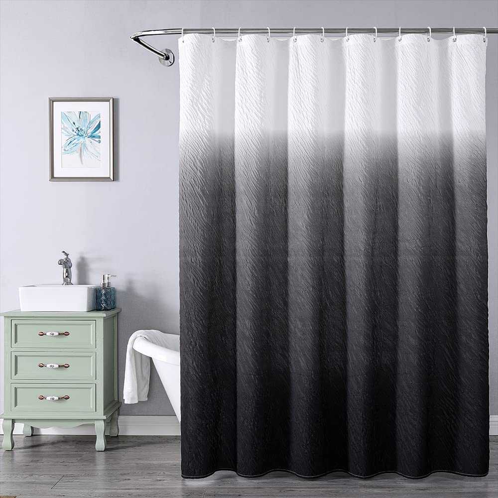 3D Geometric Embossed Black Ombre Shower Curtain - Waterproof Washable Fabric Bathroom Curtain with Hooks, Modern Farmhouse Style 72x72 Inches - Perfect for Spa-Like Showers & Stylish Bathroom Decor