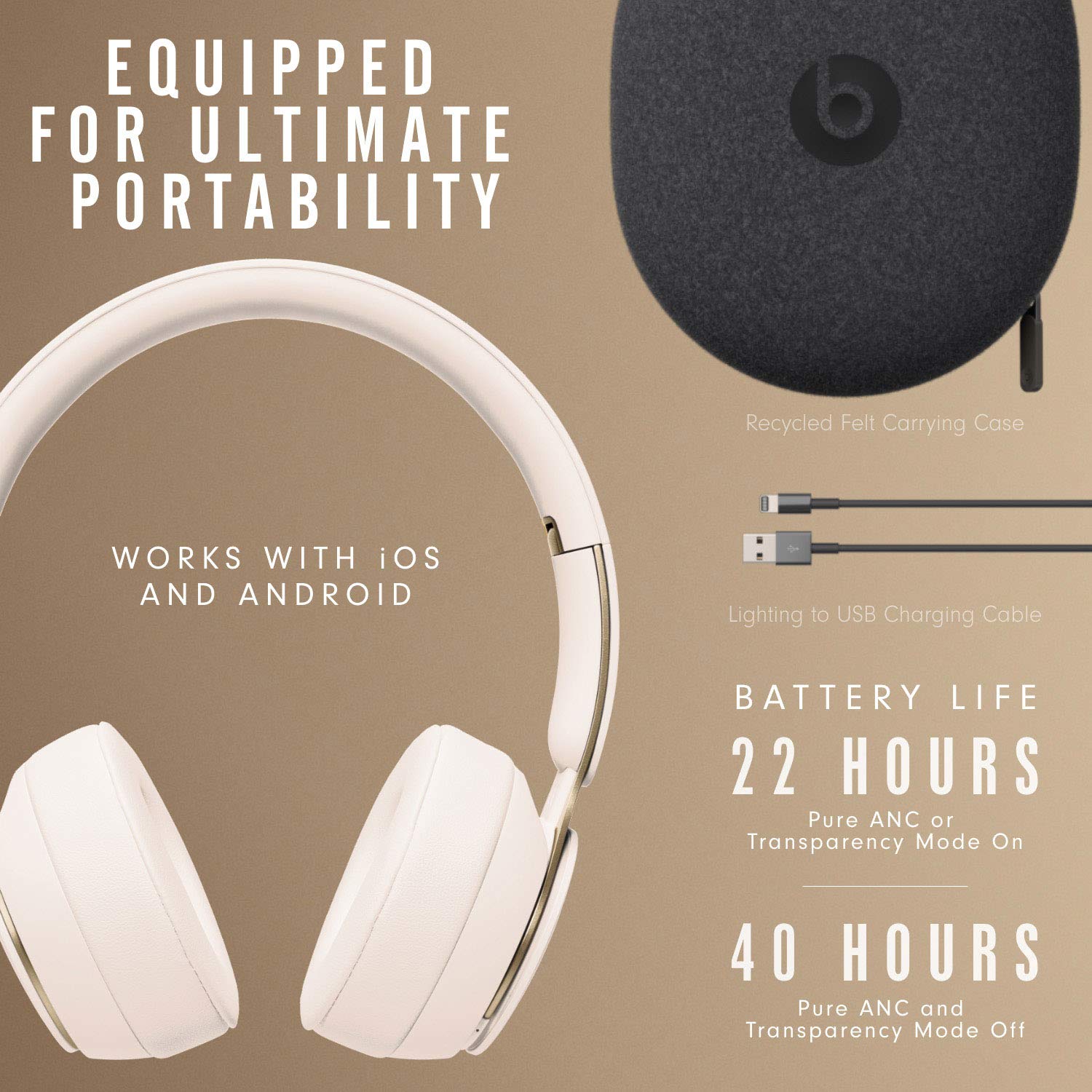 Beats Solo Pro Wireless Noise Cancelling On-Ear Headphones - Matte Ivory (Renewed) | Premium Sound Quality for Travel, Work & Gym Use