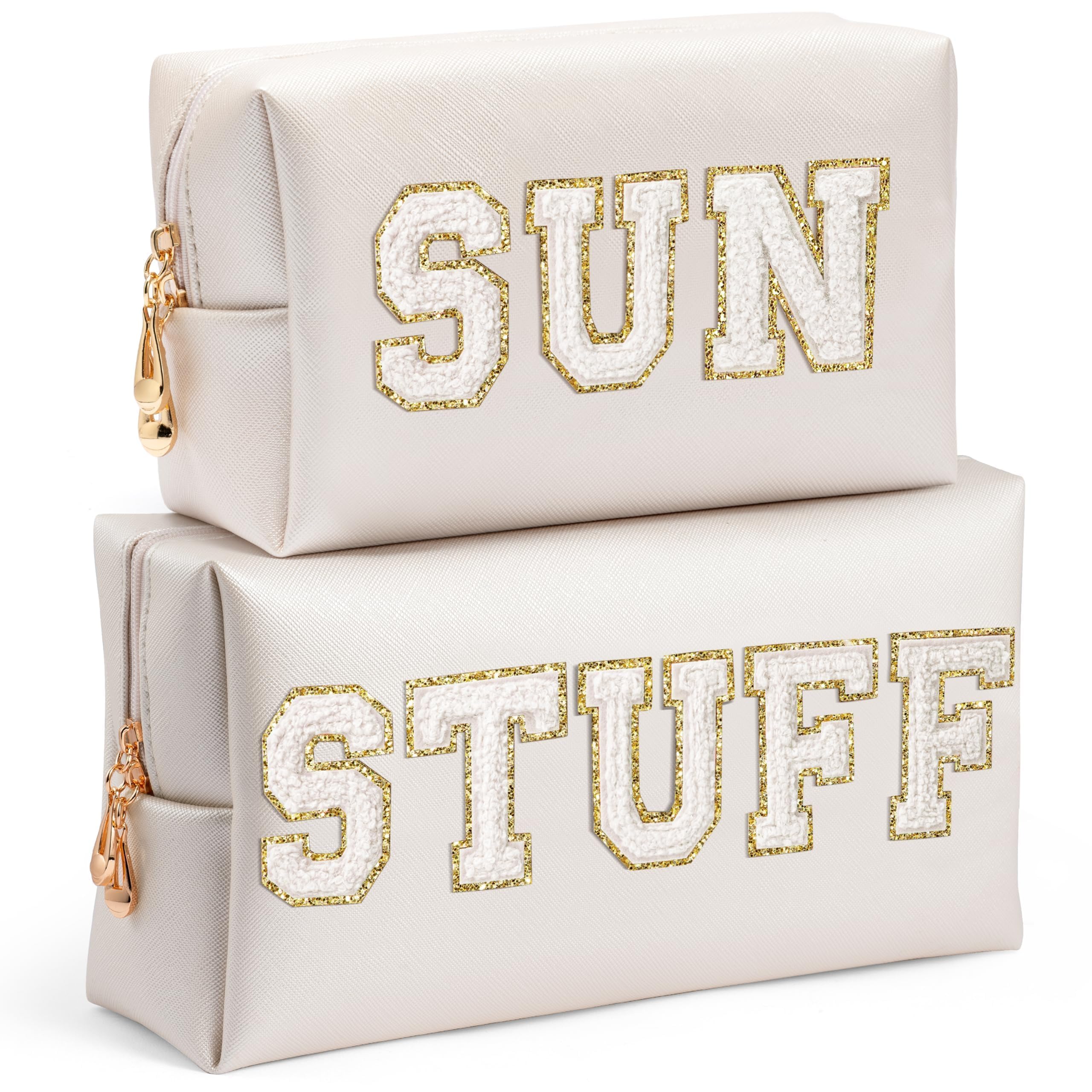 Preppy Patch Cosmetic Bags - 2PCS White Chenille Letter Makeup Pouch, PU Leather Waterproof Travel Toiletry Bag with Zipper, Perfect Summer Gift for Women & Girls | Great for Travel, Beach Trips, Gym Essentials and Daily Makeup Storage