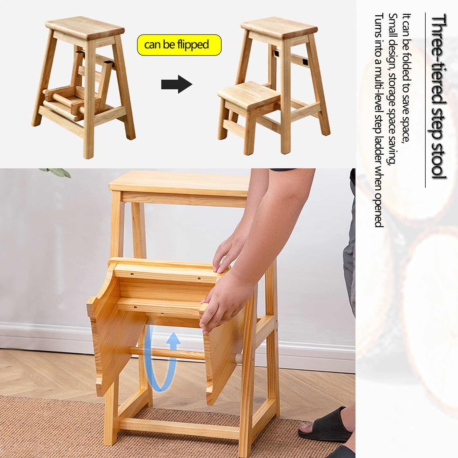 FADUNI 2-Step Wooden Folding Step Stool, Small Ladder Stool for Home, Kitchen, Library - Non-Slip Safety Stool for Kids & Adults - Perfect for Reaching High Shelves and Storage Spaces