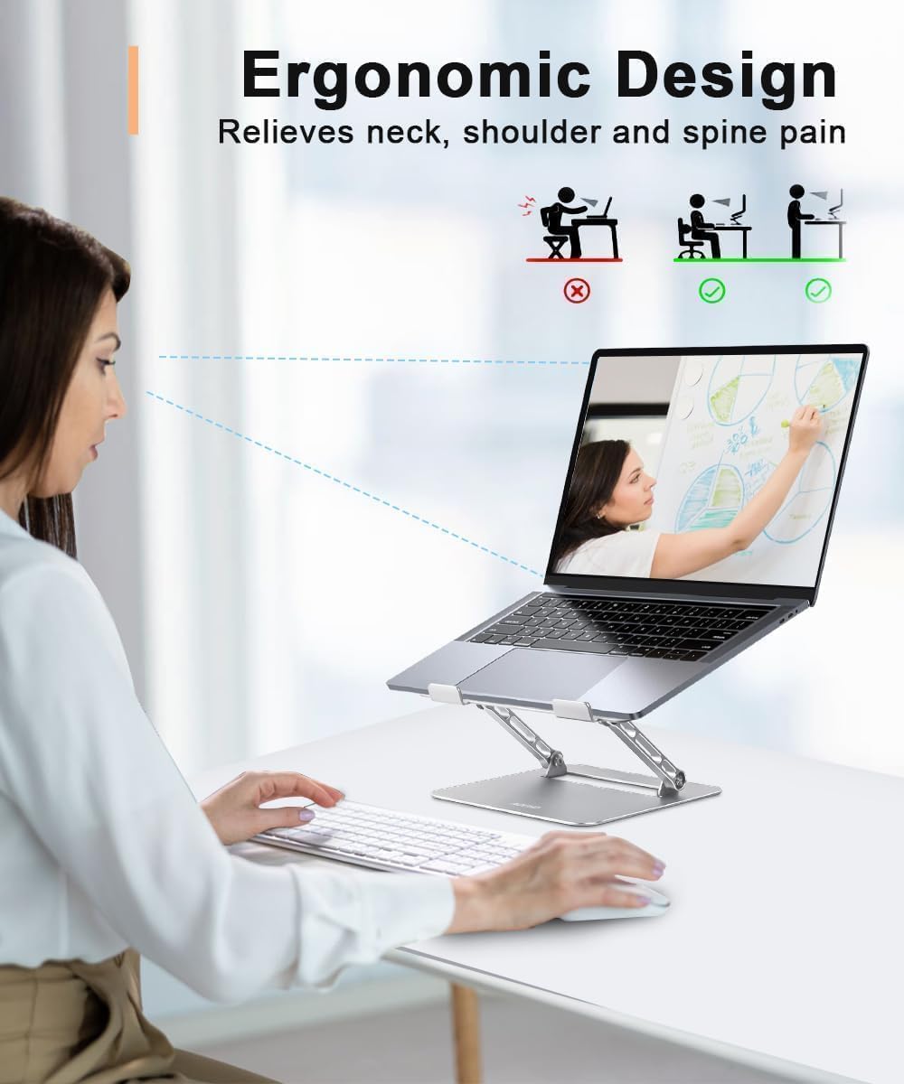 Adjustable Foldable Aluminum Laptop Stand for Desk - Portable Laptop Riser Holder for MacBook Air Pro, HP, Lenovo, Dell, Samsung Chromebook (10-15.6 Inch, Silver) - Perfect for Home Office, Gaming, and Workstation Setup
