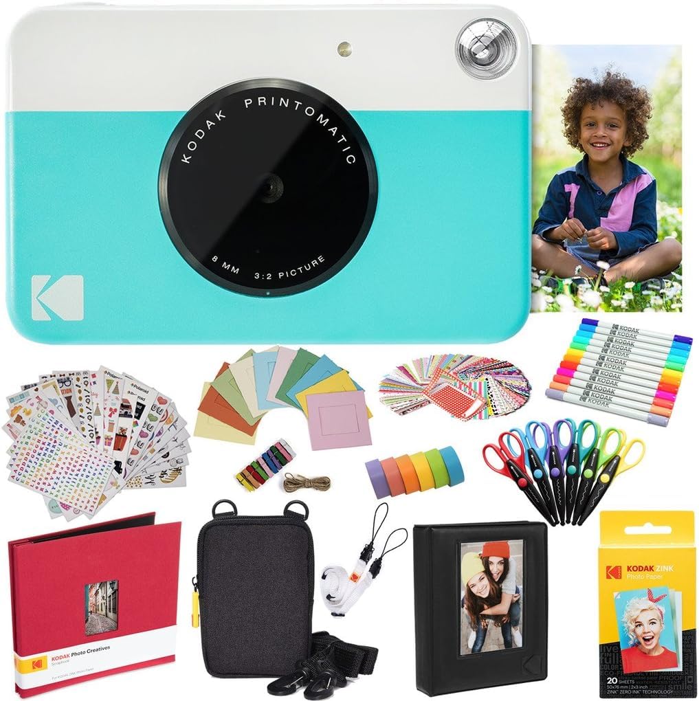 KODAK Printomatic Instant Camera (Blue) - All-In-One Bundle with Zink Photo Paper (20 Sheets), Carrying Case, Photo Album, 7 Sticker Sets, Markers & Scissors - Perfect for Parties, Travel & DIY Photo Gifts