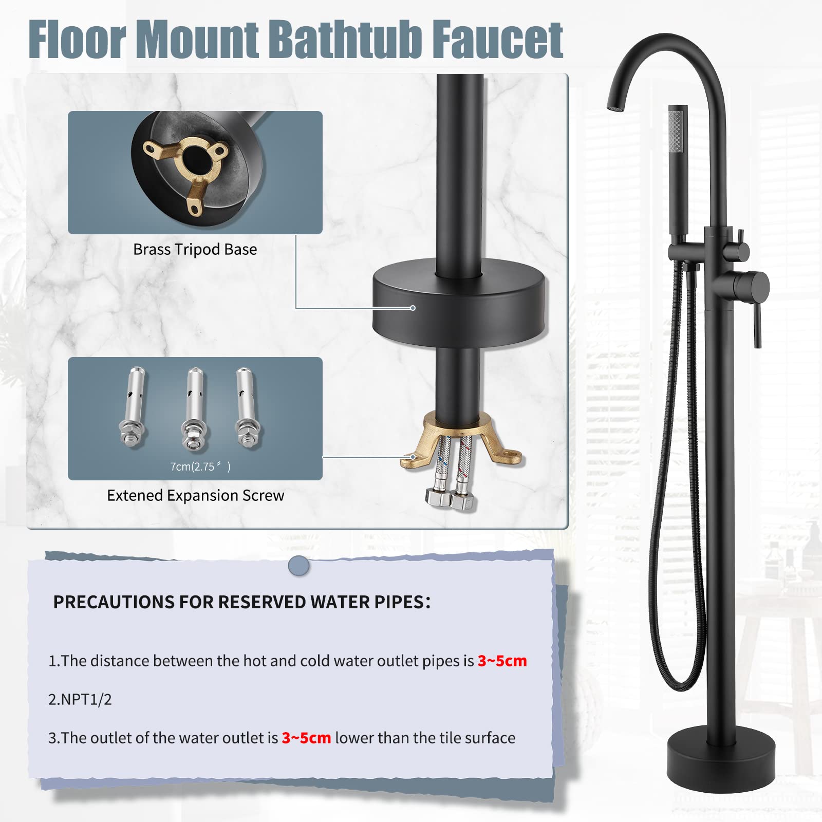 Black Freestanding Bathtub Faucet Set with 360° Swivel Spout & Handheld Shower - Farmhouse Style Tub Filler for Indoor/Outdoor Use - Perfect for Bathroom Renovation, Garden Showers, and Spa Relaxation