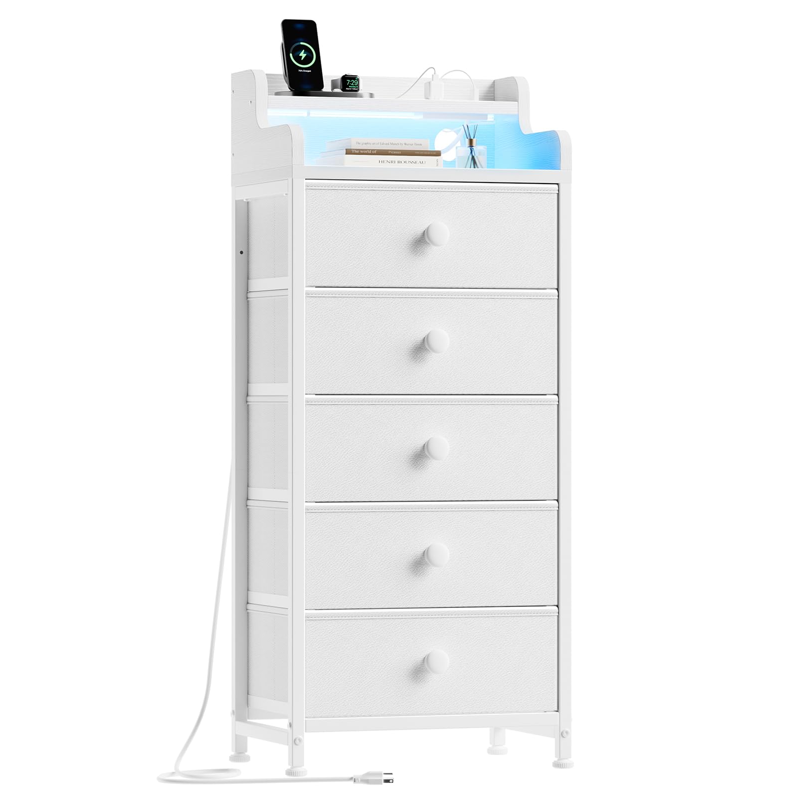 REAHOME 5-Drawer Dresser with Charging Station & LED Lights - White Wooden Chest of Drawers with Shelves, Sturdy Steel Frame & Leather Top - Perfect for Bedroom, Nursery, or Dorm Organization & Storage