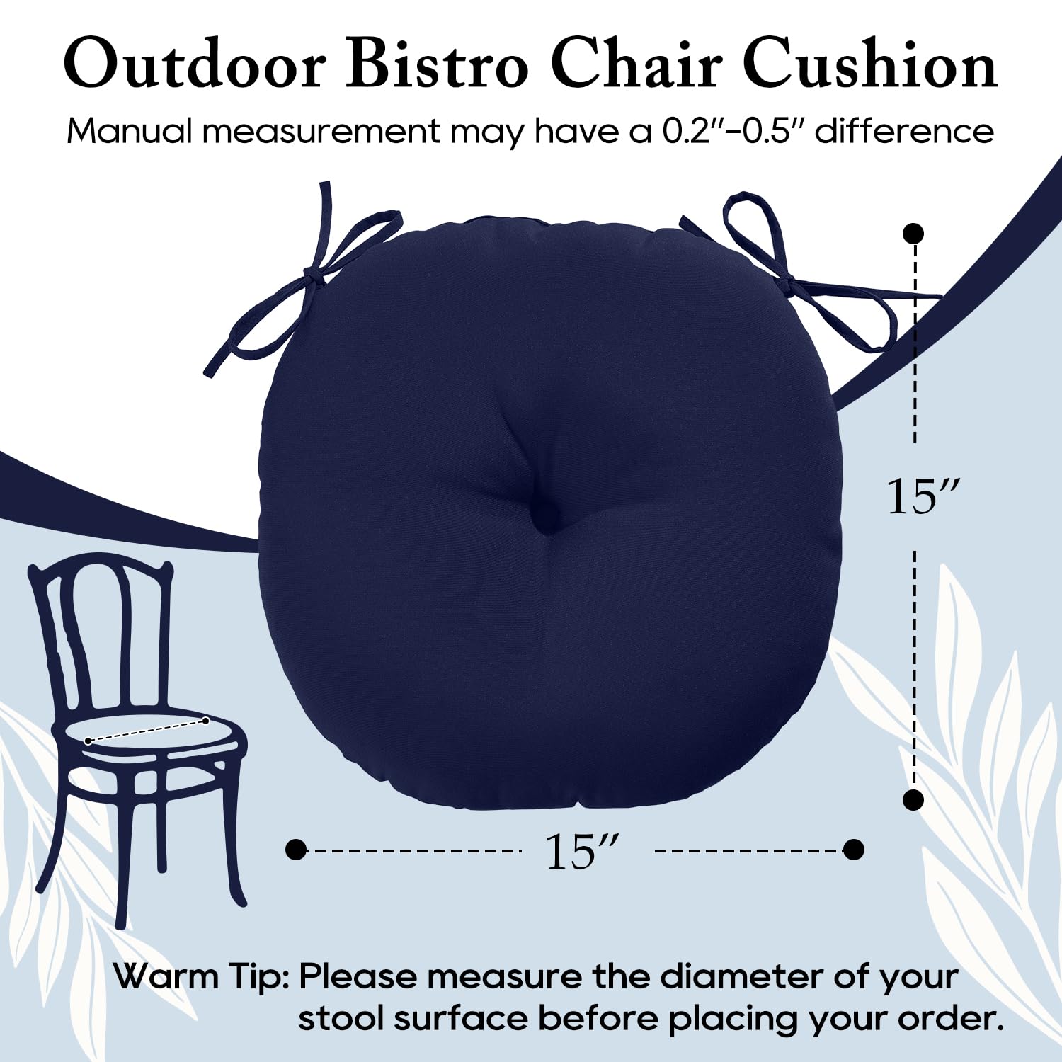 LOVTEX 15 Inch Round Outdoor Chair Cushions Set of 2 - Waterproof Bistro Seat Cushions with Ties for Patio Furniture, Navy Blue - Perfect for Garden, Deck, Poolside & Outdoor Dining