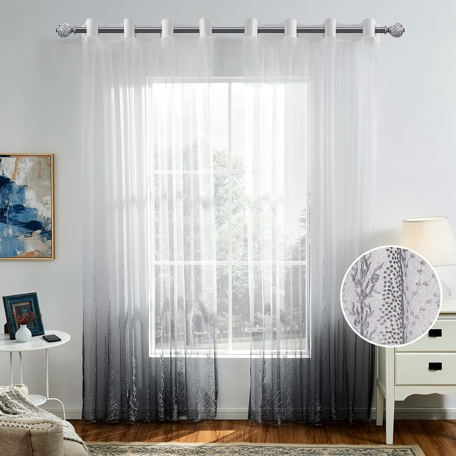 Hofamplly Black Sheer Curtains 96 Inch Length - Silver Tree Branch Design, Semi-Sheer Grommet Window Drapes Set (2 Panels, 100