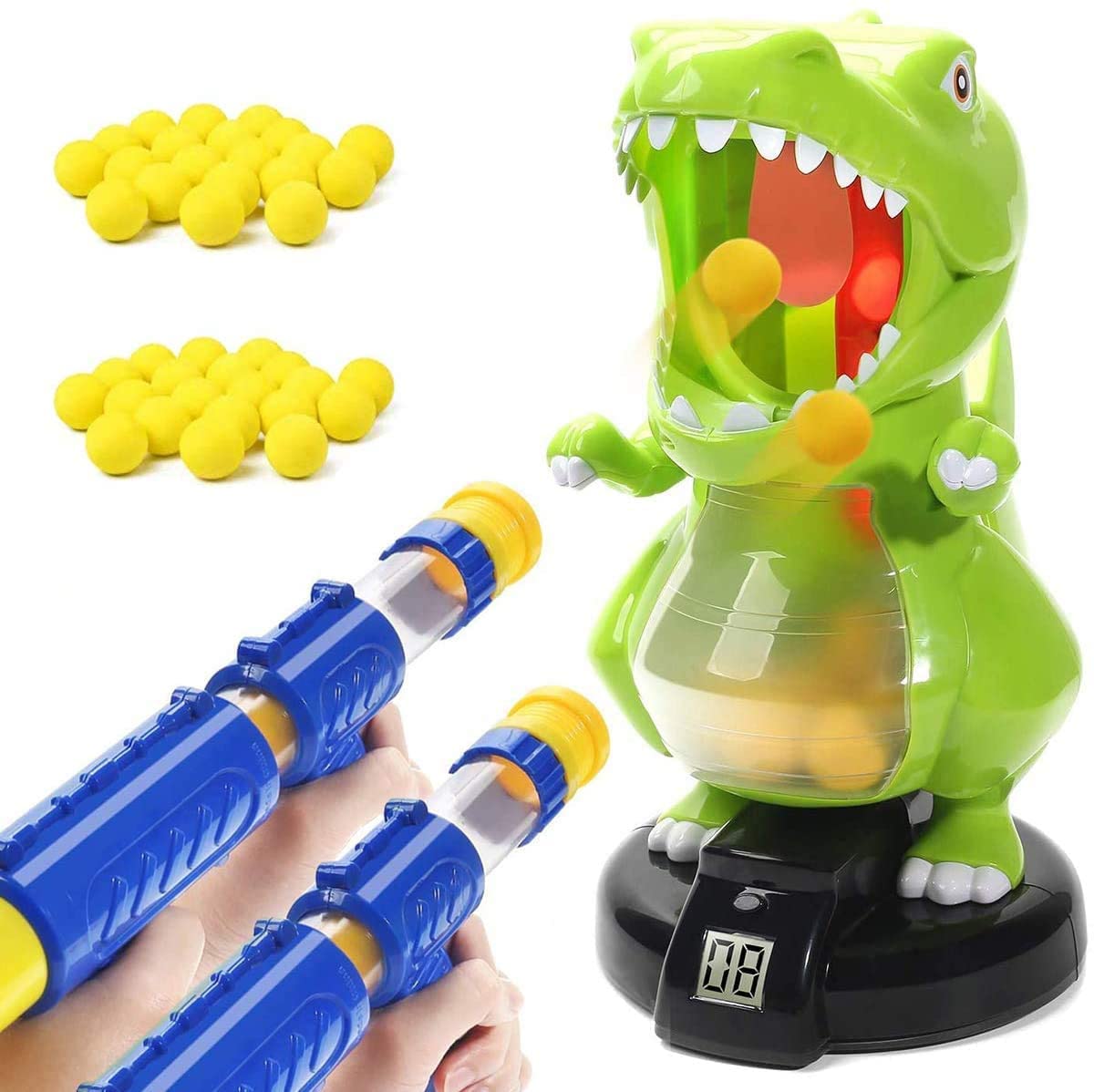 Wekity Dinosaur Shooting Game Toy Set for Kids - 2 Air Pump Guns with LCD Score Display, Sound Effects & 24 Soft Foam Balls - Fun Indoor Outdoor Target Practice Toys for Boys and Girls - Perfect for Birthday Gifts, Backyard Play and Family Game Nights