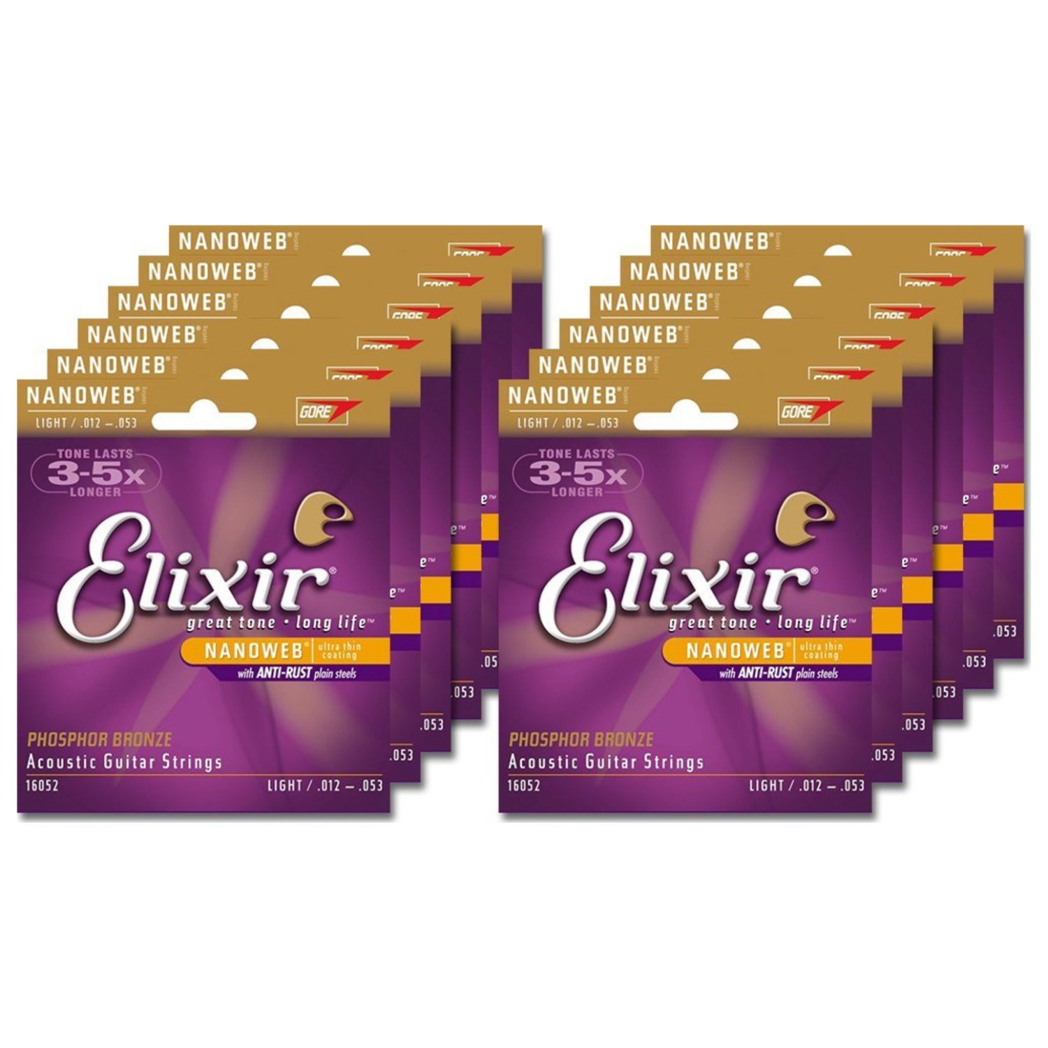 Elixir 16052 Phosphor Bronze Acoustic Guitar Strings - Nanoweb Coating, Light Gauge, 12-Pack - Perfect for Folk, Country & Fingerstyle Playing