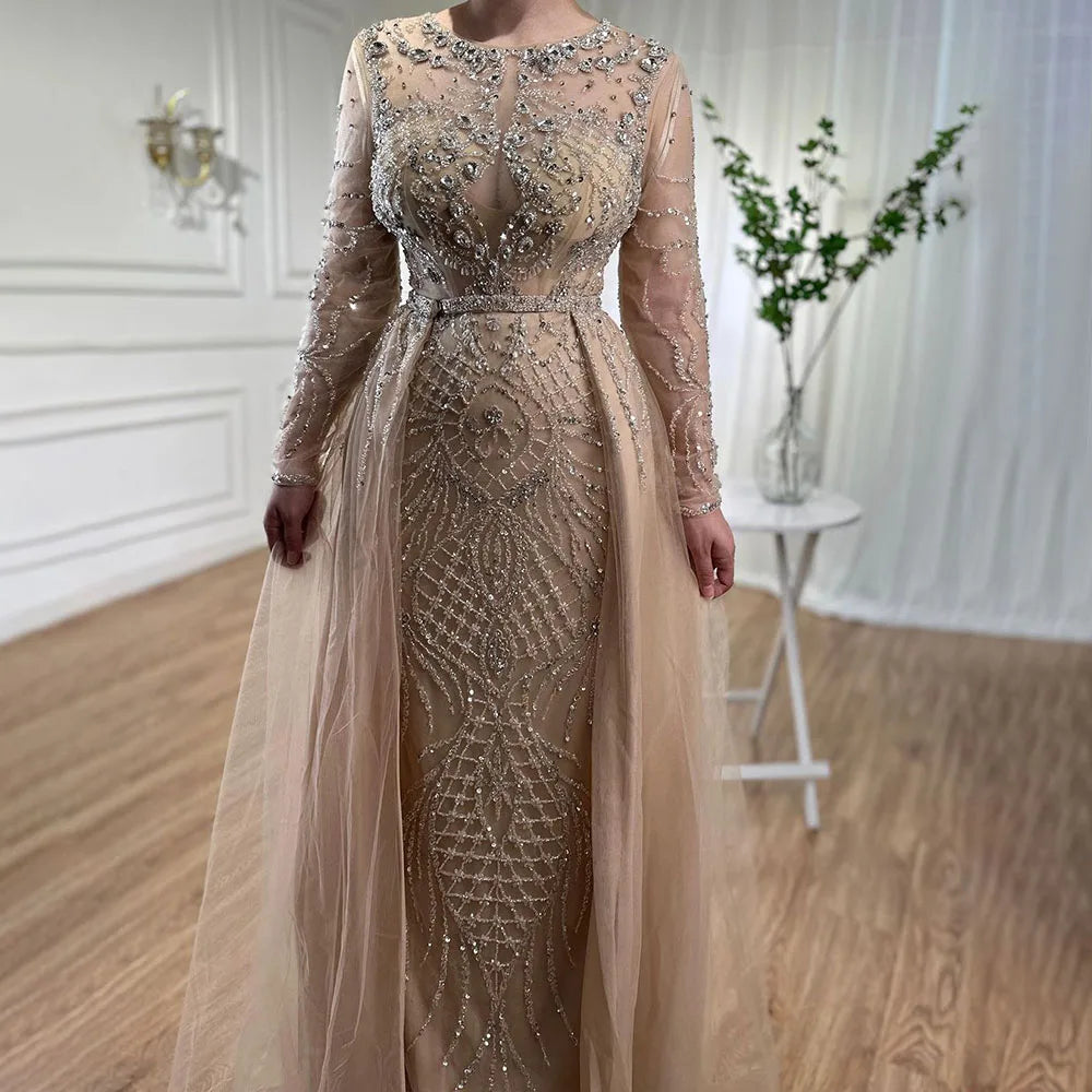 Elegant Muslim Silver Mermaid Evening Gown with Detachable Beaded Overskirt - Women's Formal Wedding & Party Dress LA71919 | Perfect for Bridal Showers, Red Carpet Events & Special Occasions