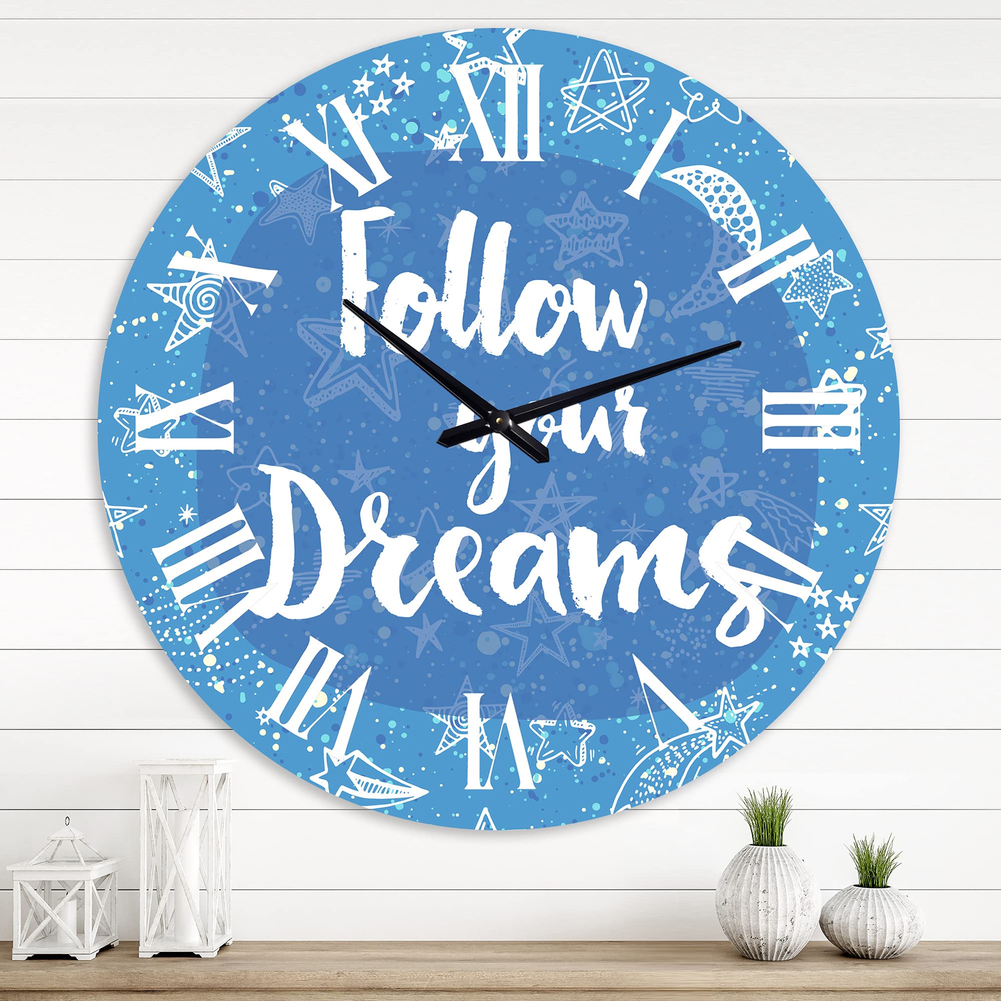 DesignQ Modern Wall Clock 'Follow Your Dreams II' - Large Inspirational Quote Clock for Office & Home Decor | Perfect Motivational Gift for Work Spaces & Living Rooms