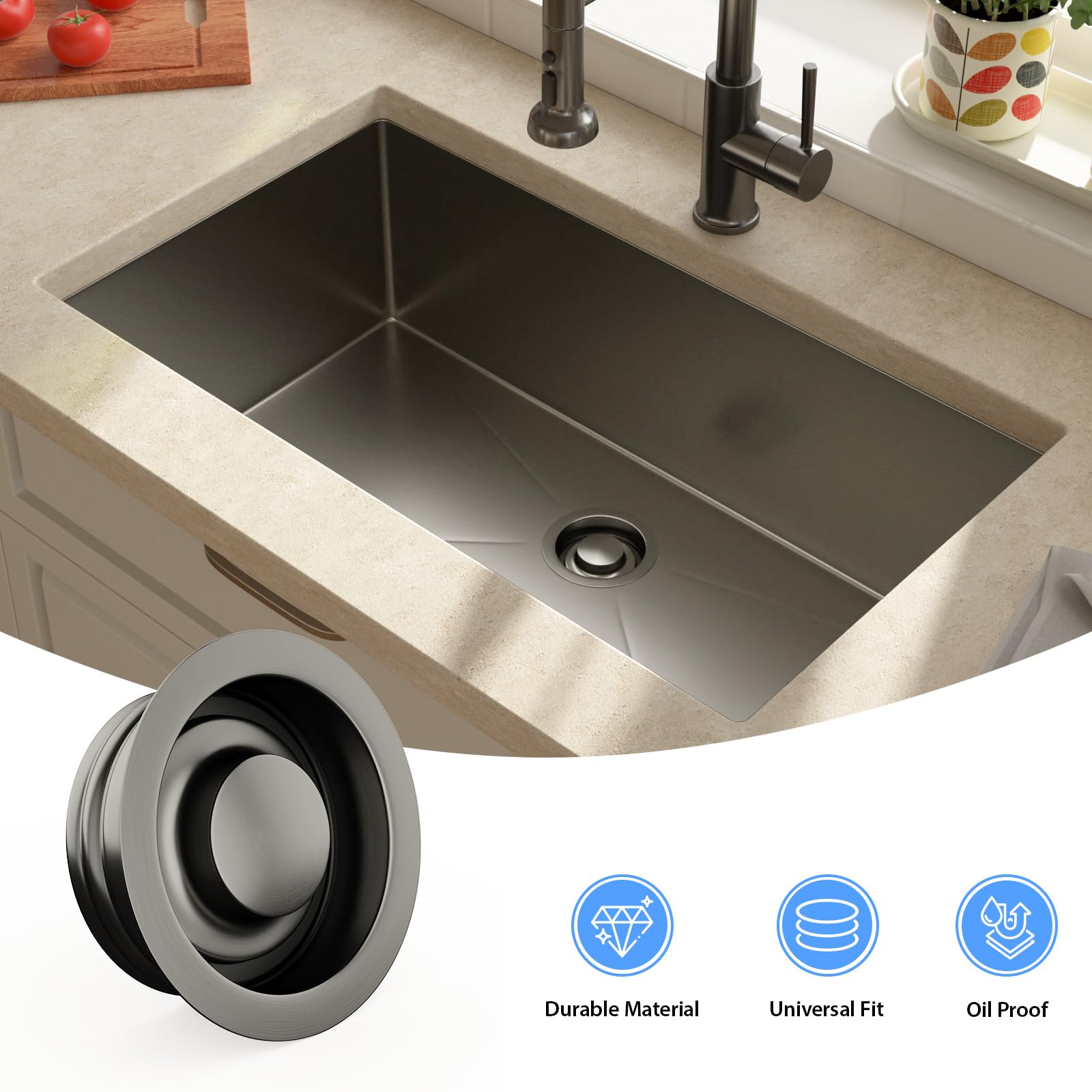 Lordear Kitchen Sink Stopper Flange - Gunmetal Black Stainless Steel Garbage Disposal Stopper for 3-1/2 Inch Standard Sink Drain Hole | Sink Flange Replacement Accessories | Perfect for Kitchen Renovation & Plumbing Repair