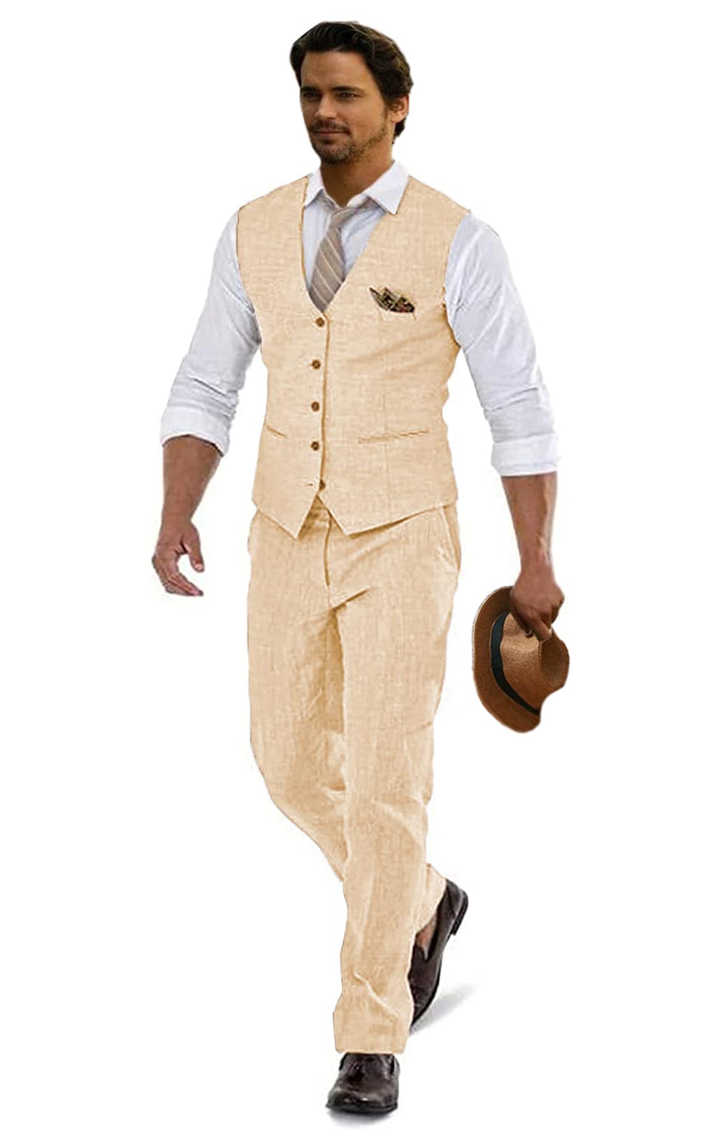 Premium Men's Linen Suits - 2 Piece Casual Wedding & Groomsmen Attire | Summer Beach Tuxedo Vest & Pants Set for Prom, Outdoor Events & Vacation Wear