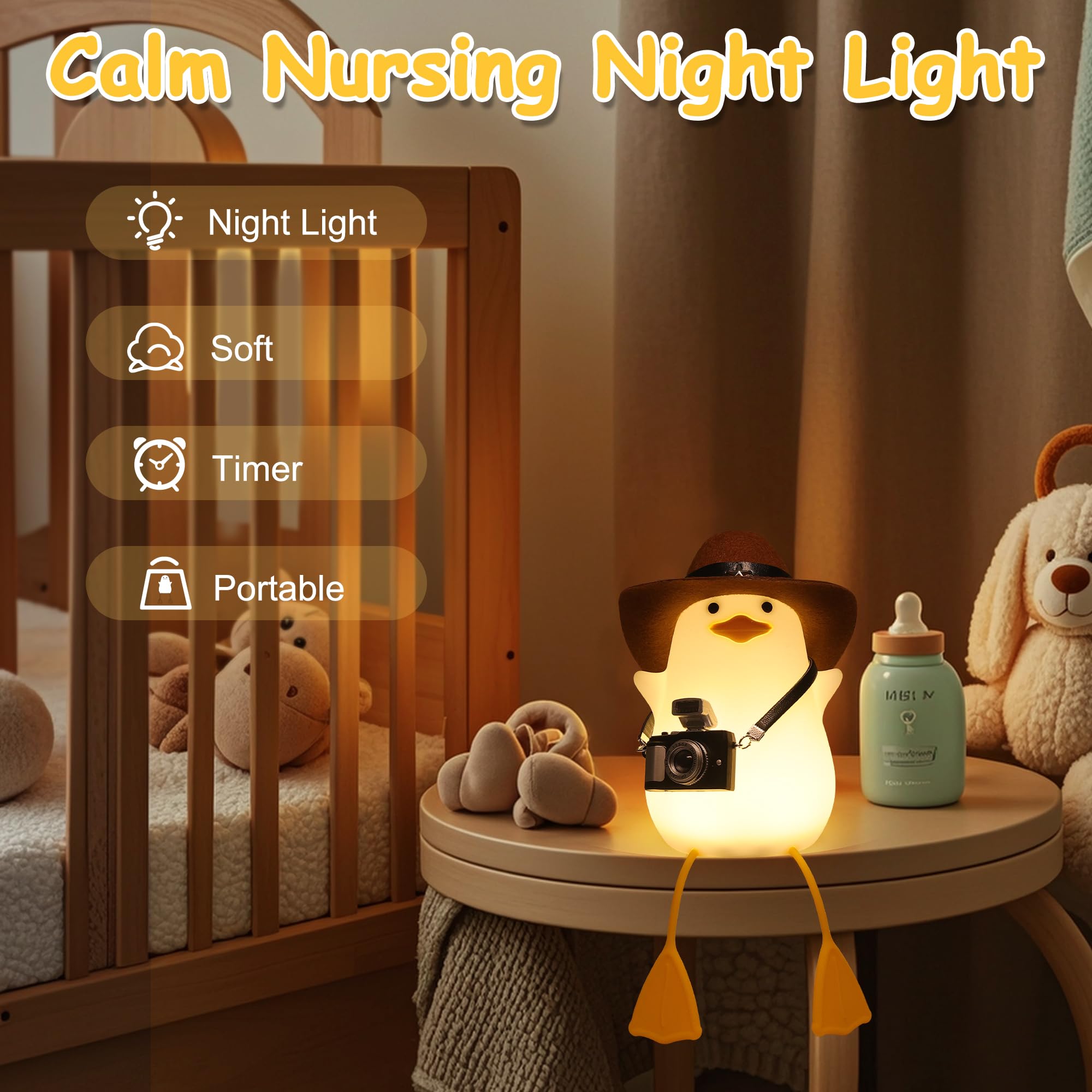Cute Squishy Duck Night Light with Dimmer, Timer & Rechargeable - Funny Cowboy Duck Lamp for Bedside, Nursery & Room Decor - Perfect Duck Gift for Girls, Boys, Women & Kids - Ideal for Bedtime, Night Feedings & Cozy Ambiance