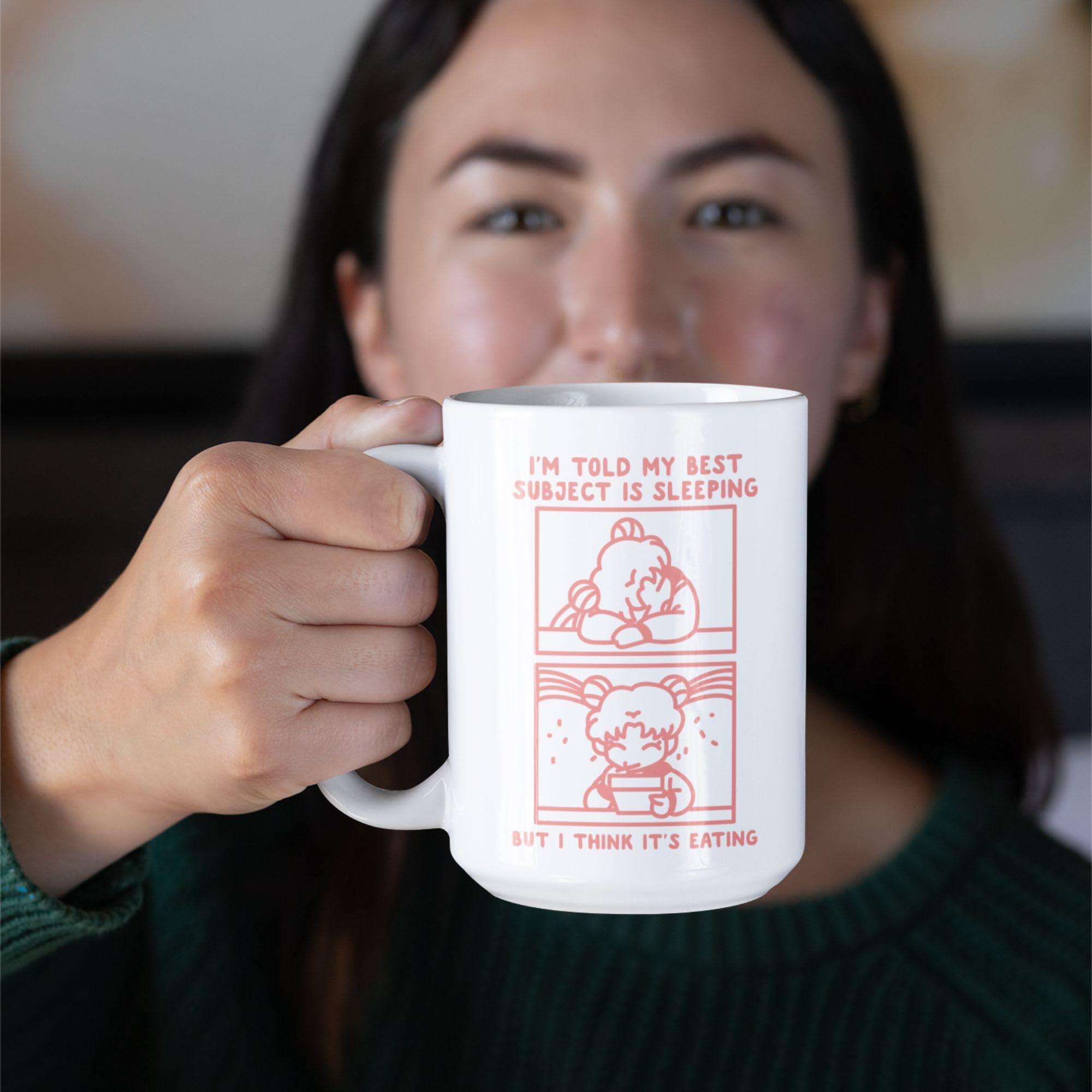 Funny Anime Coffee Mug - 15oz Double-Sided Printed Ceramic Cup with 'My Best Subject Is Sleeping' Design | Unique Gift for Coffee Lovers, Office Use, Home Decor & Anime Fans